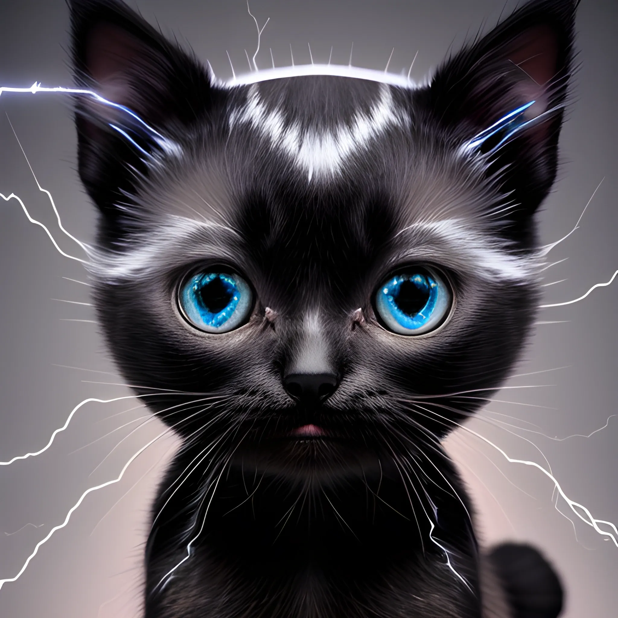 Black kitten with, silver strikes, of lightening blot on forehead, and lightening blots on rest of body, 3D