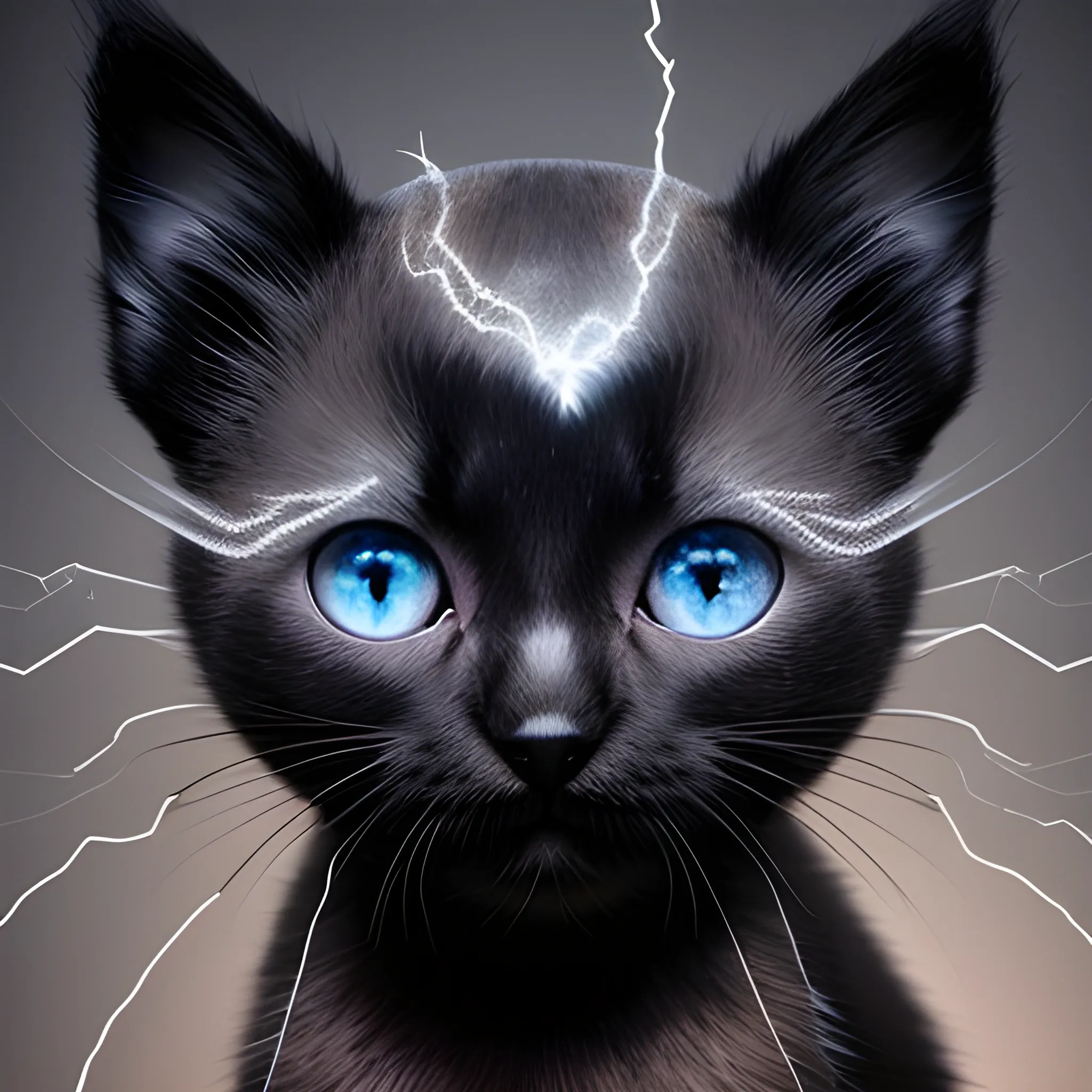 Black kitten with, silver strikes, of lightening blot on forehead, and lightening blots on rest of body, 3D