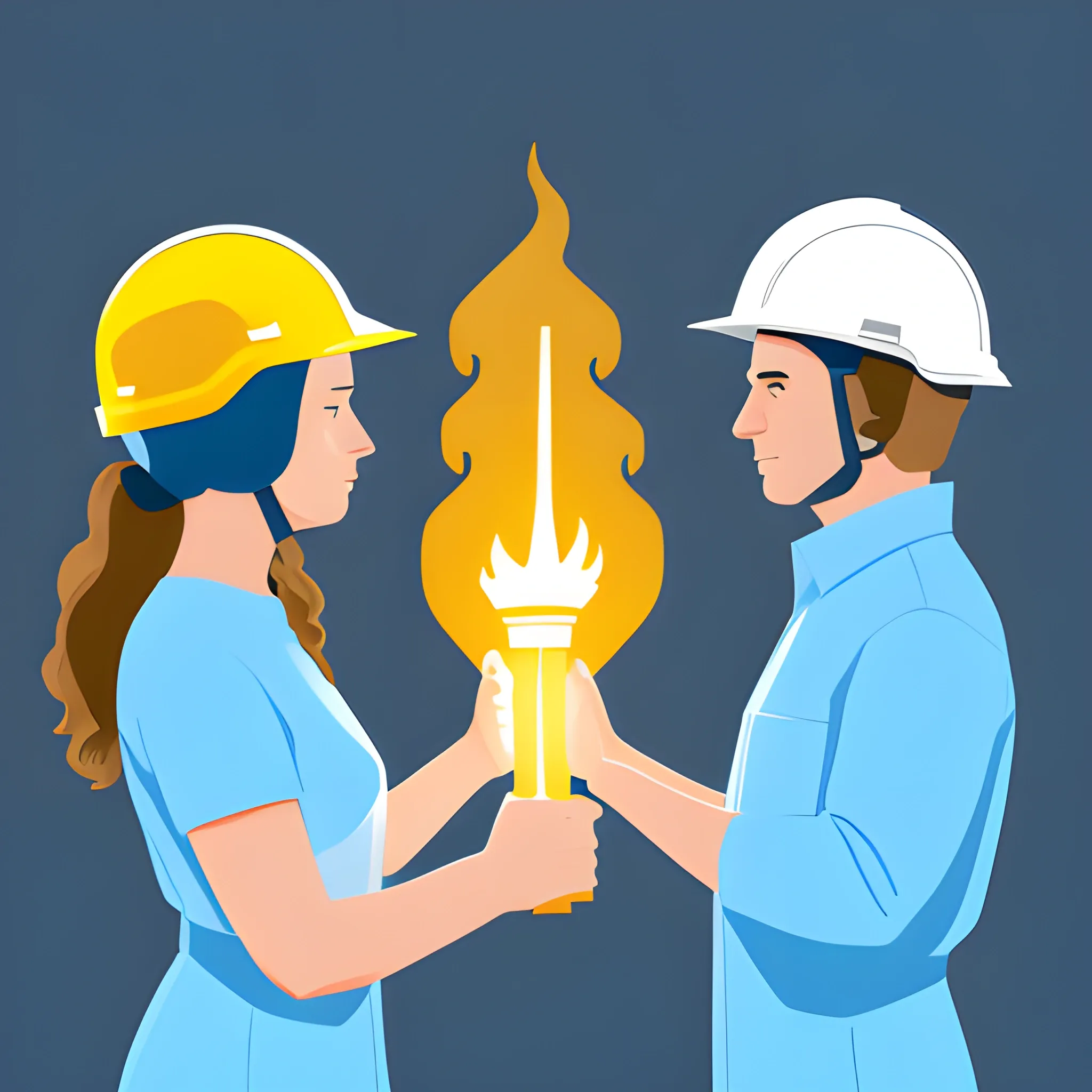 vectorized image, man and woman in blue shirt, right profile, white construction helmet, each raising a golden torch in their hands