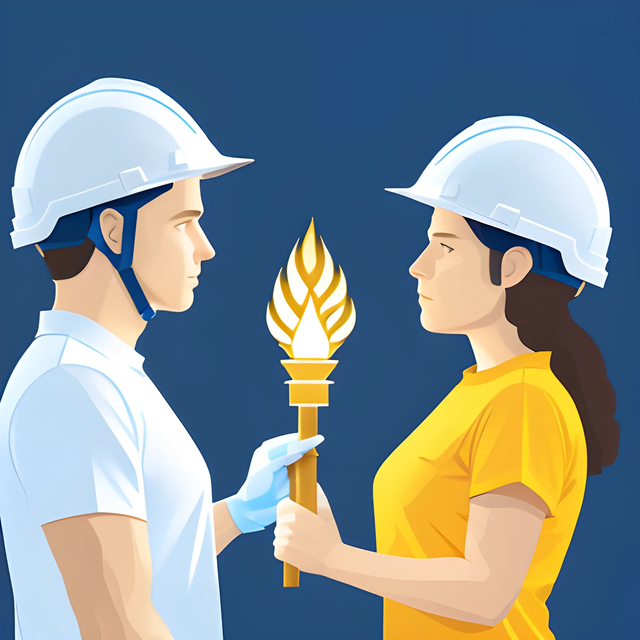 vectorized image, man and woman in blue shirt, right profile, white construction helmet, each raising a golden torch in their hands