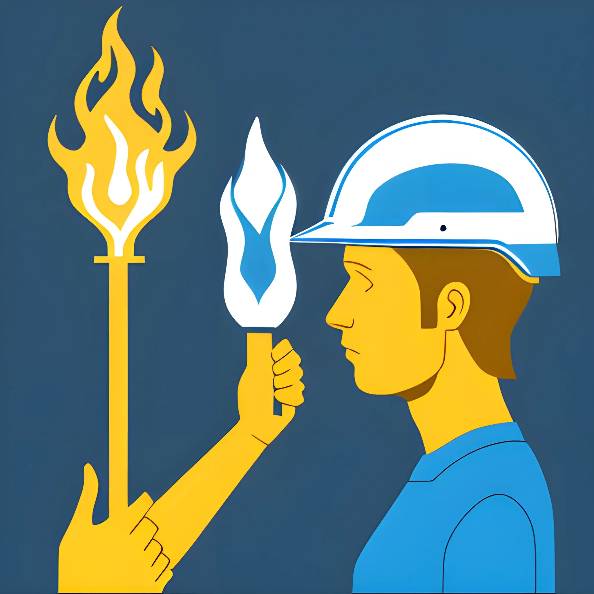 vectorized image, man and woman in blue shirt, right profile, white construction helmet, each raising a golden torch in their hands