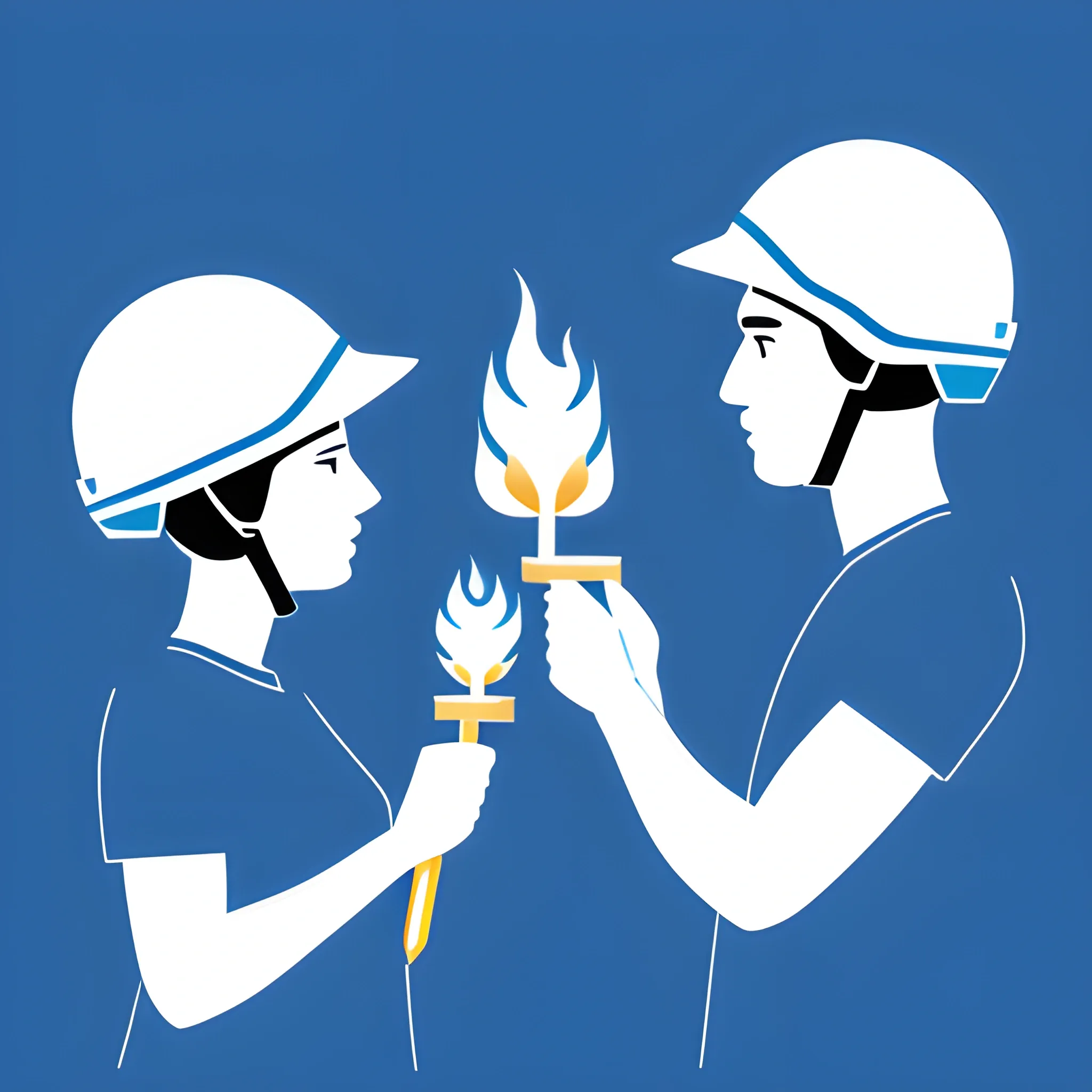 vectorized image, man and woman in blue shirt, right profile, white construction helmet, each raising a golden torch in their hands