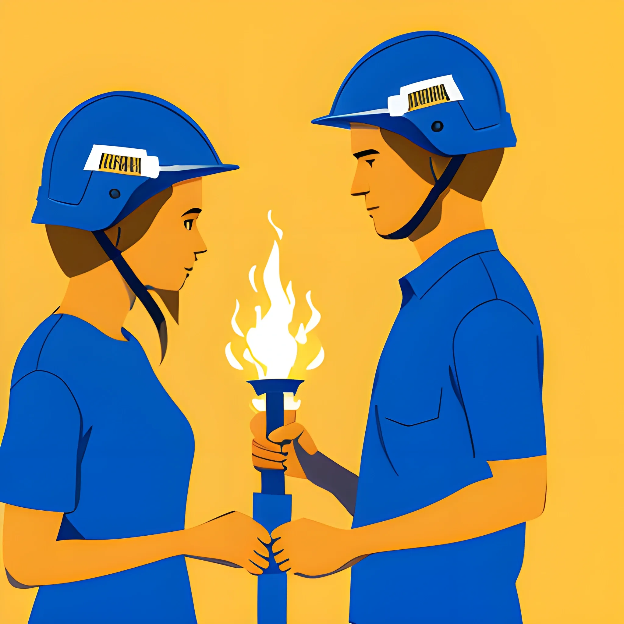 vectorized image, man and woman in blue shirt, right profile, white construction helmet, each raising a golden torch in their hands