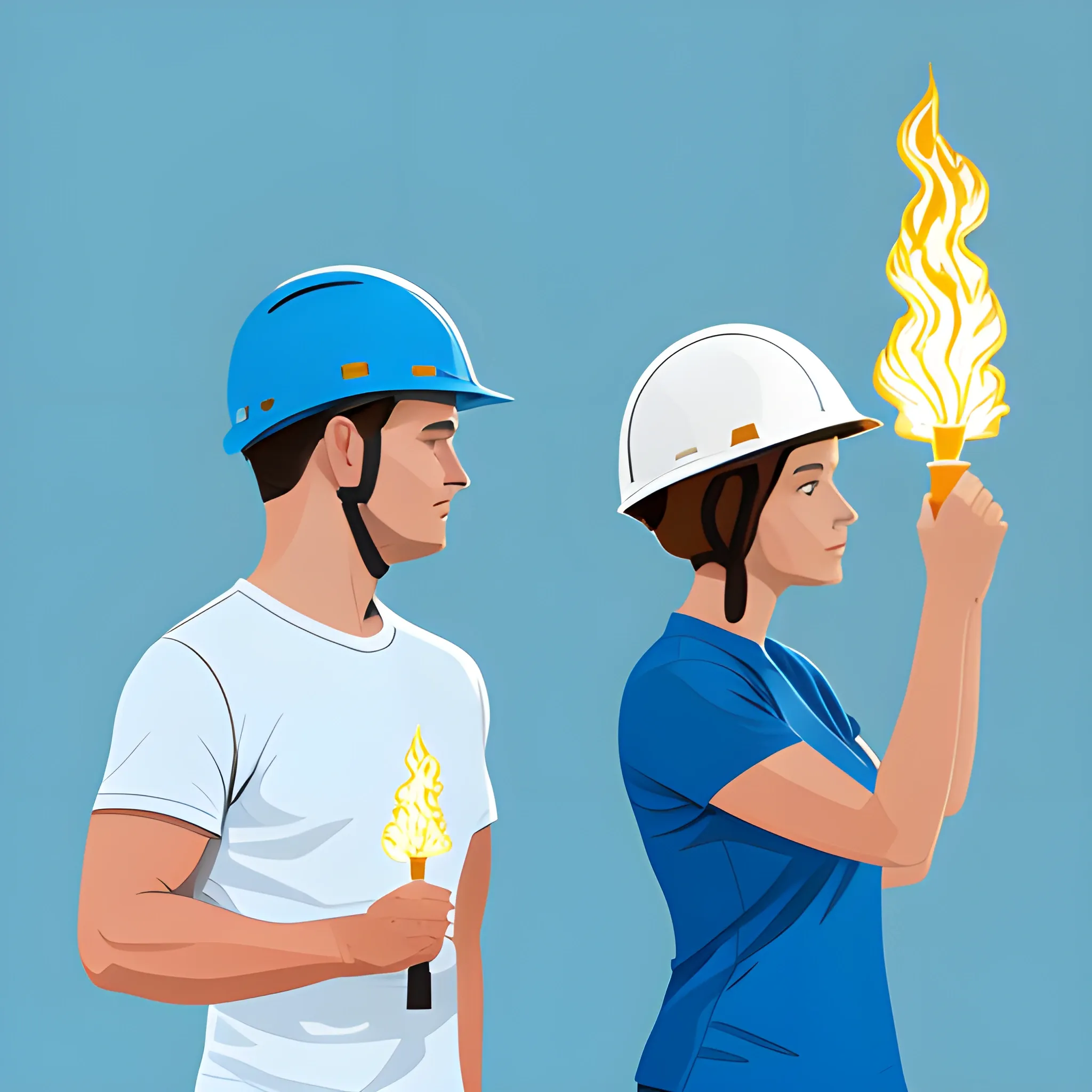 vectorized image, man and woman with blue shirt, both in right profile, white construction helmet, each one raising a golden torch in their hands