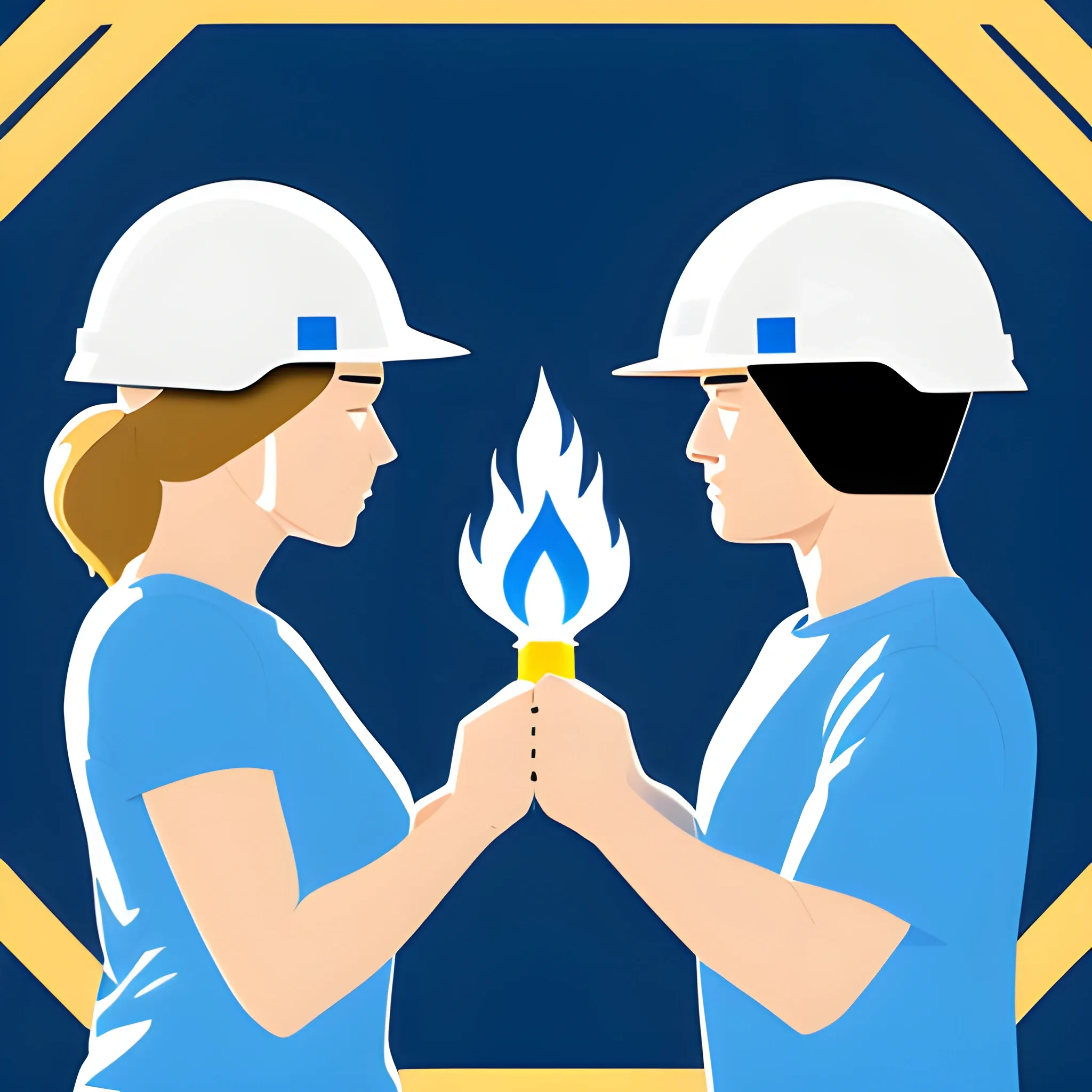 vectorized image, man and woman with blue shirt, both in right profile, white construction helmet, each one raising a golden torch in their hands