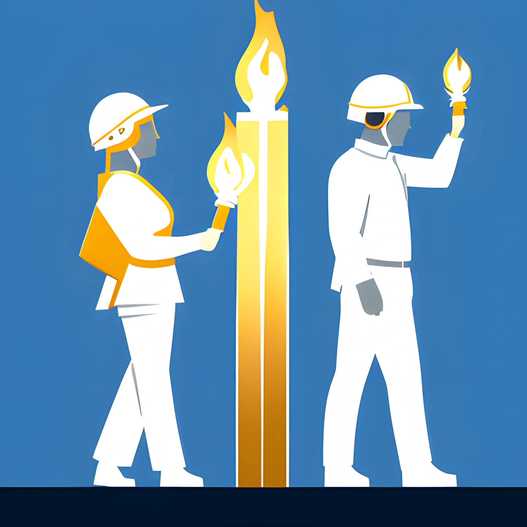 vectorized image, man and woman with blue shirt, both in right profile, white construction helmet, each one raising a golden torch in their hands