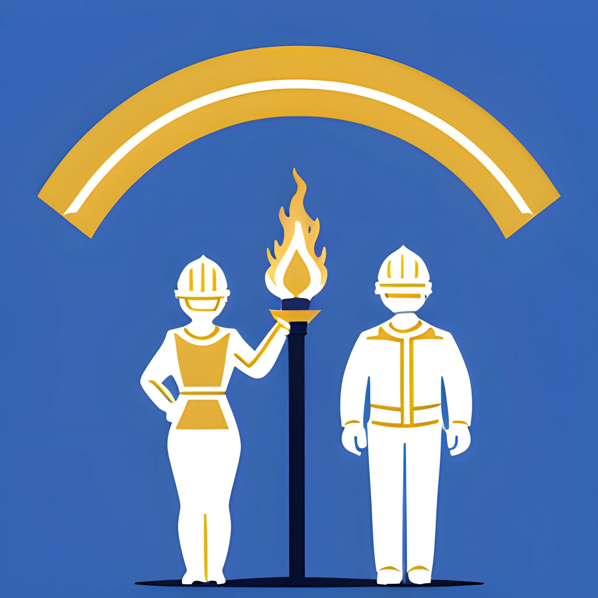 vectorized image, man and woman with blue shirt, both in right profile, white construction helmet, each one raising a golden torch in their hands