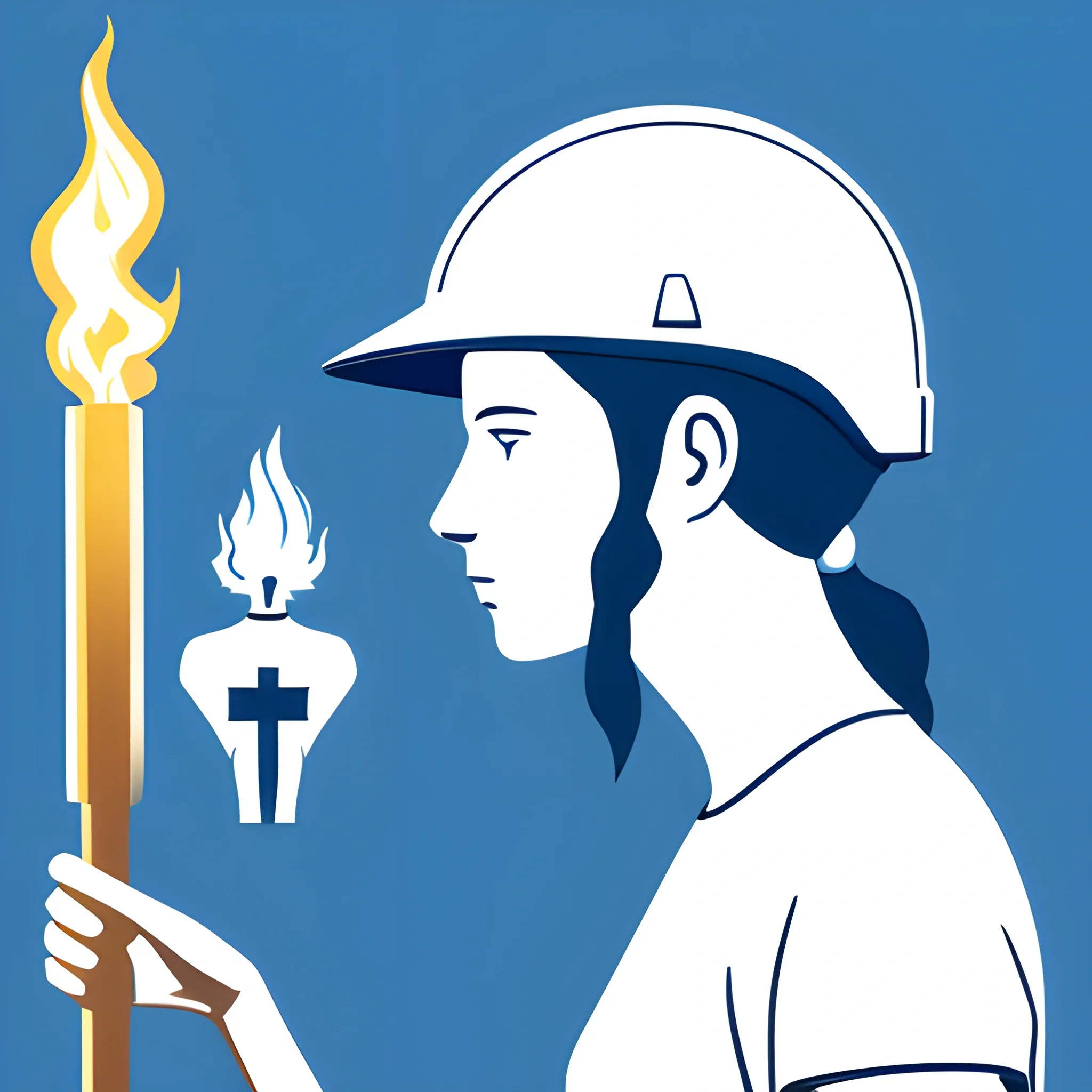 vectorized image, man behind the woman in a blue shirt, both in right profile, white construction helmet, each one raising a golden torch in their hands