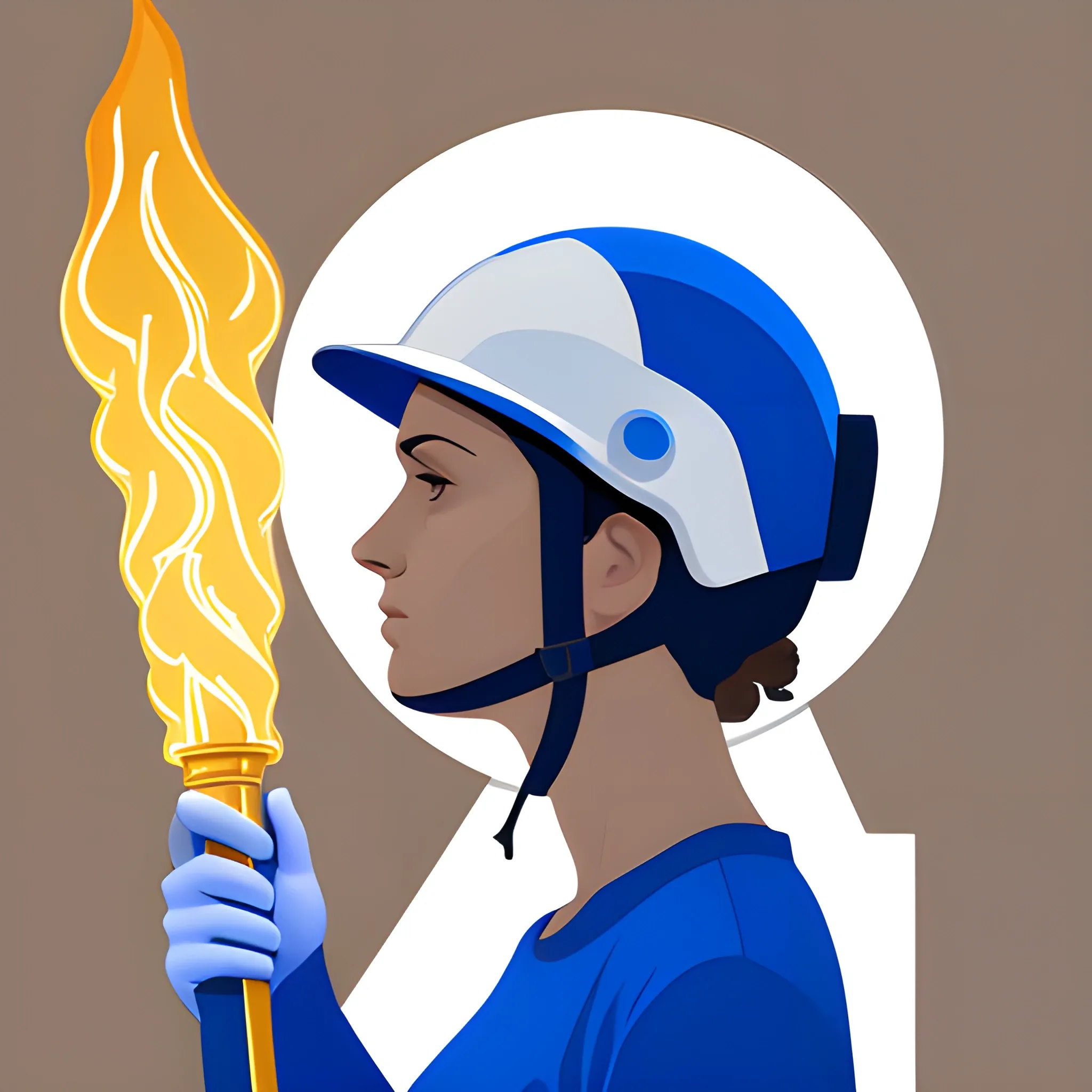 vectorized image, man behind the woman in a blue shirt, both in right profile, white construction helmet, each one raising a golden torch in their hands