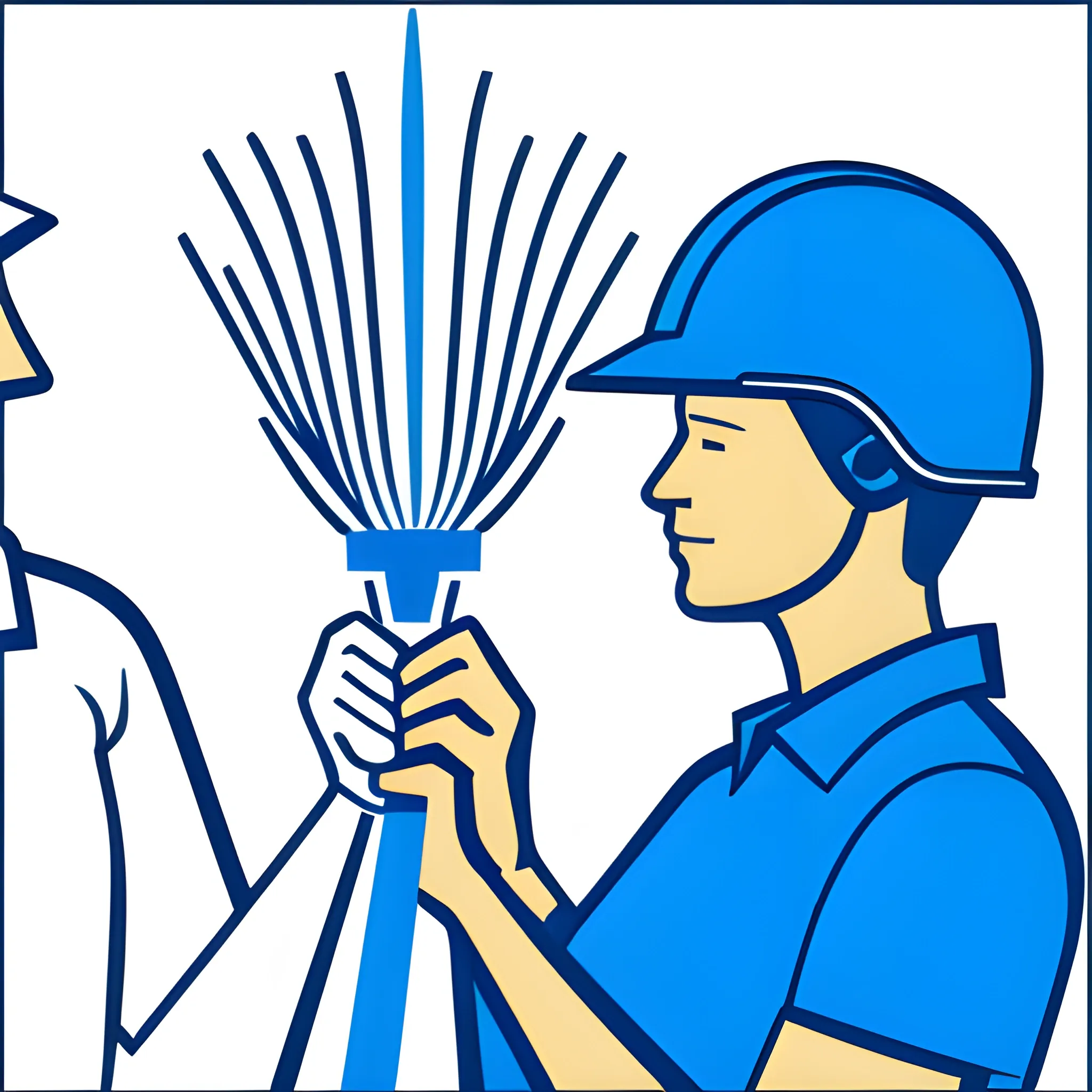 detailed vectorized image, man and woman in blue shirt, both in right profile, white construction helmet, each raising a golden torch in their hands