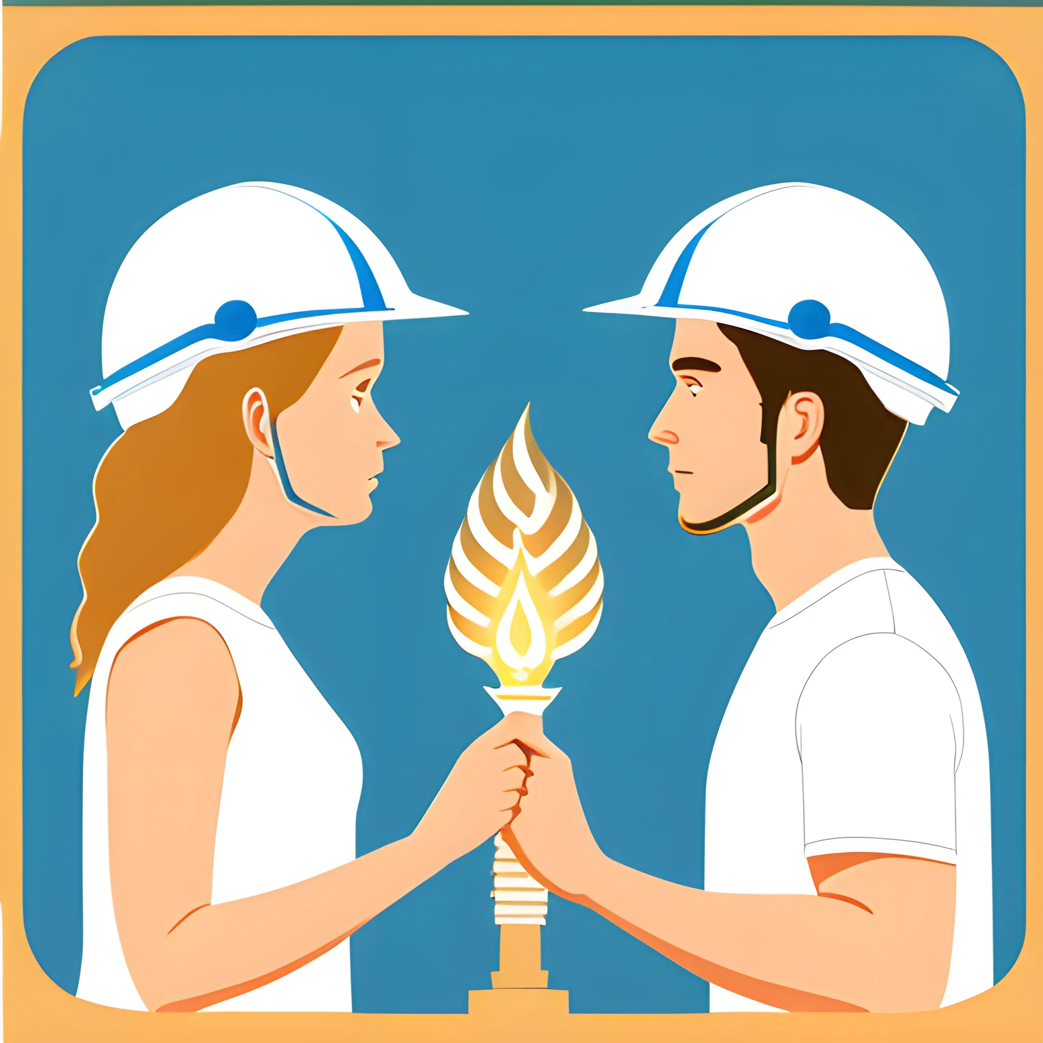 detailed vectorized image, man and woman in blue shirt, both in right profile, white construction helmet, each raising a golden torch in their hands