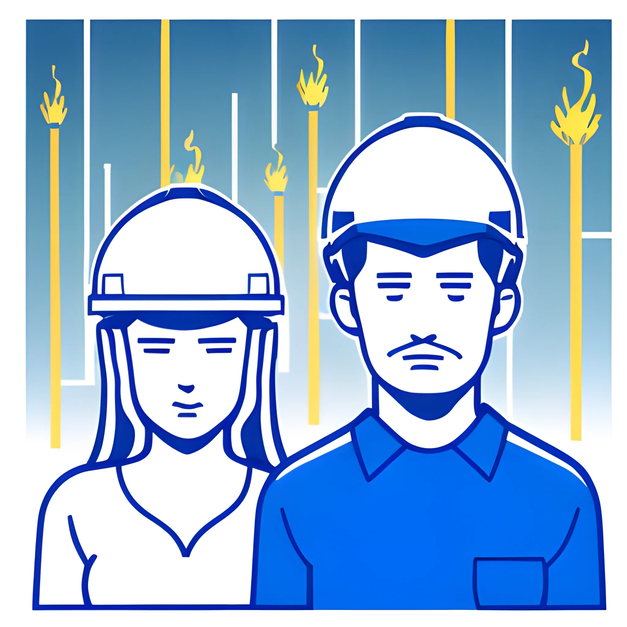 detailed vectorized image, man and woman in blue shirt, both in right profile, white construction helmet, each raising a golden torch in their hands