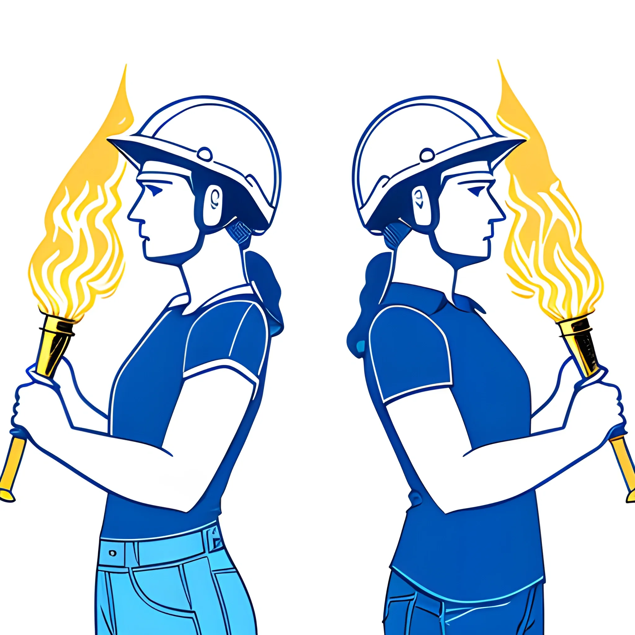 detailed vectorized image, man and woman in blue shirt, both in right profile, white construction helmet, each raising a golden torch in their hands