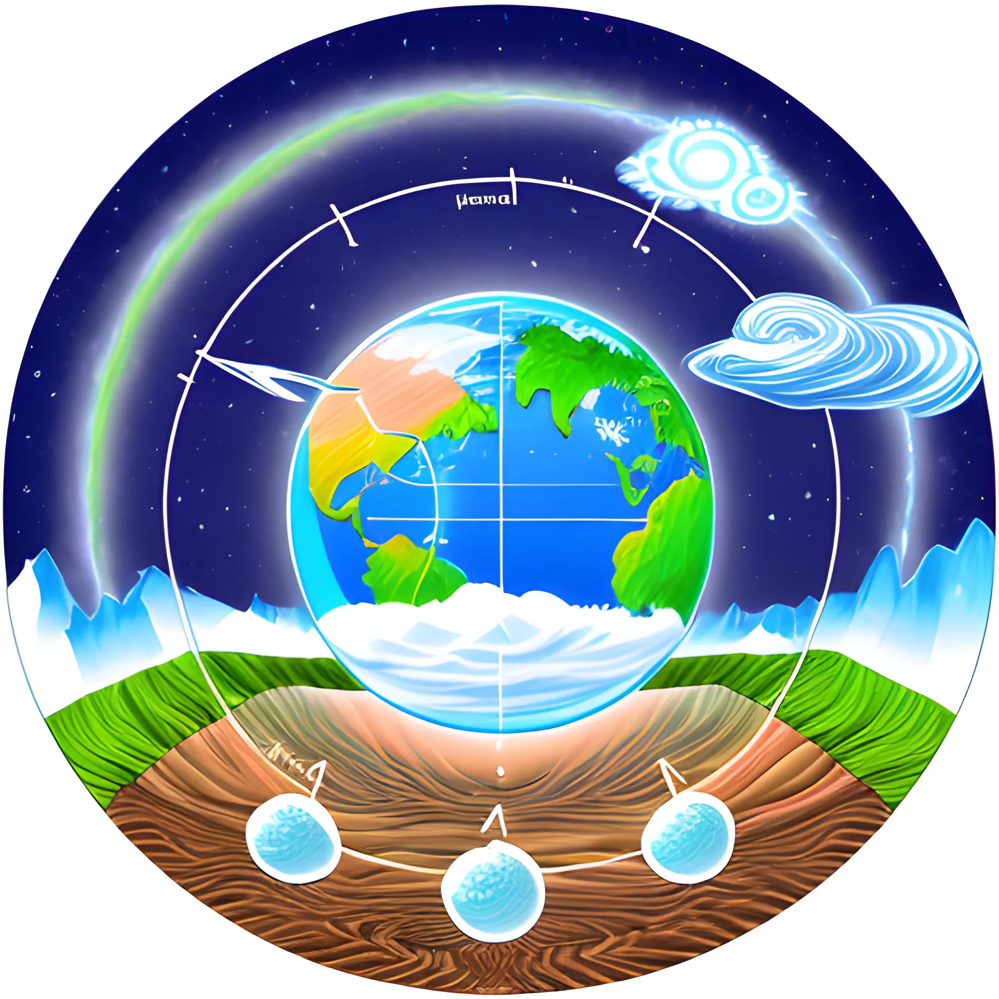 Please generate an image illustrating the basic structure of Earth's atmosphere and the natural cleaning processes that occur within it. Include labels or visual elements to represent the components of the atmosphere and purification phenomena, 3D, Pencil Sketch, Trippy, Cartoon, 3D