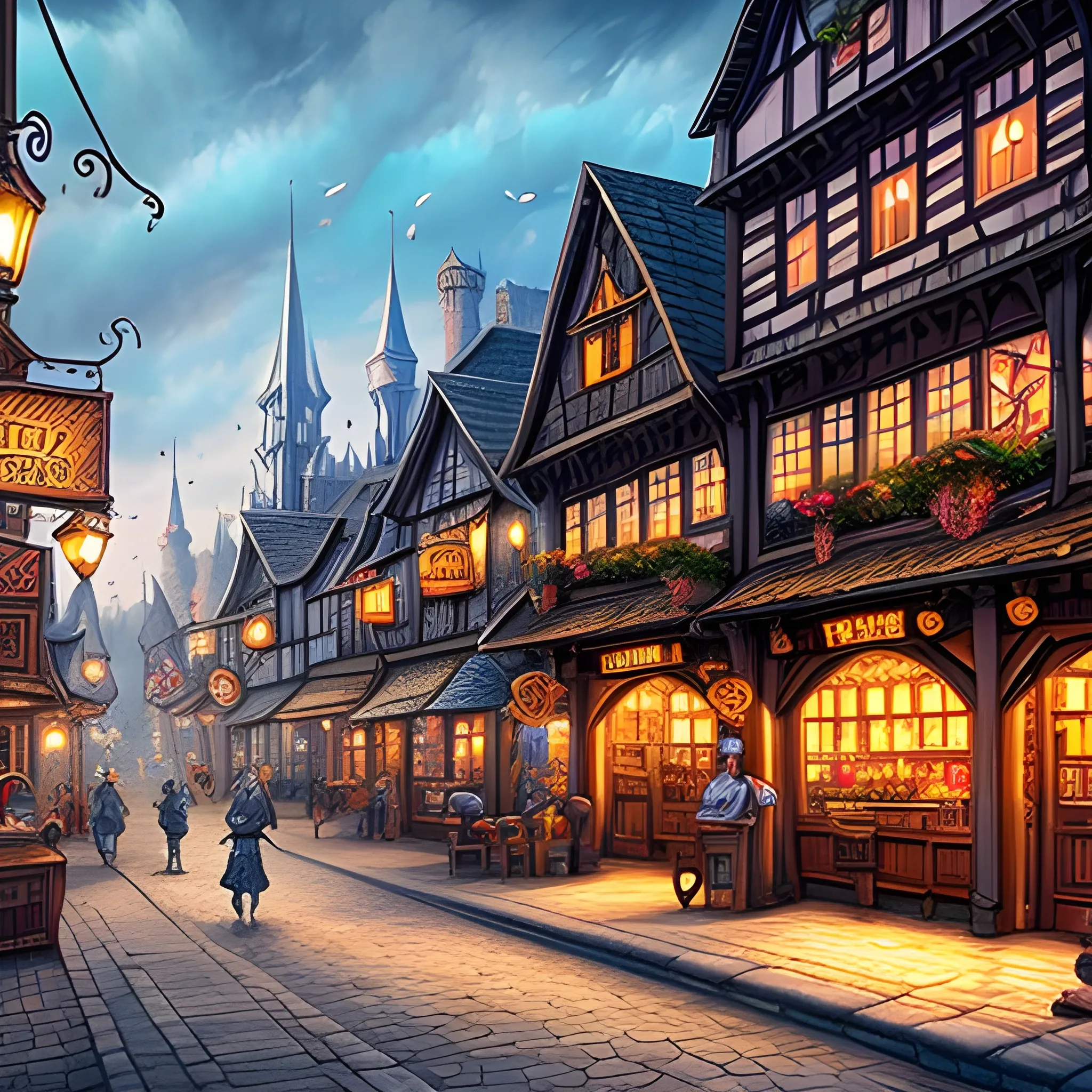fantasy city street with a tavern and shops, not colorful