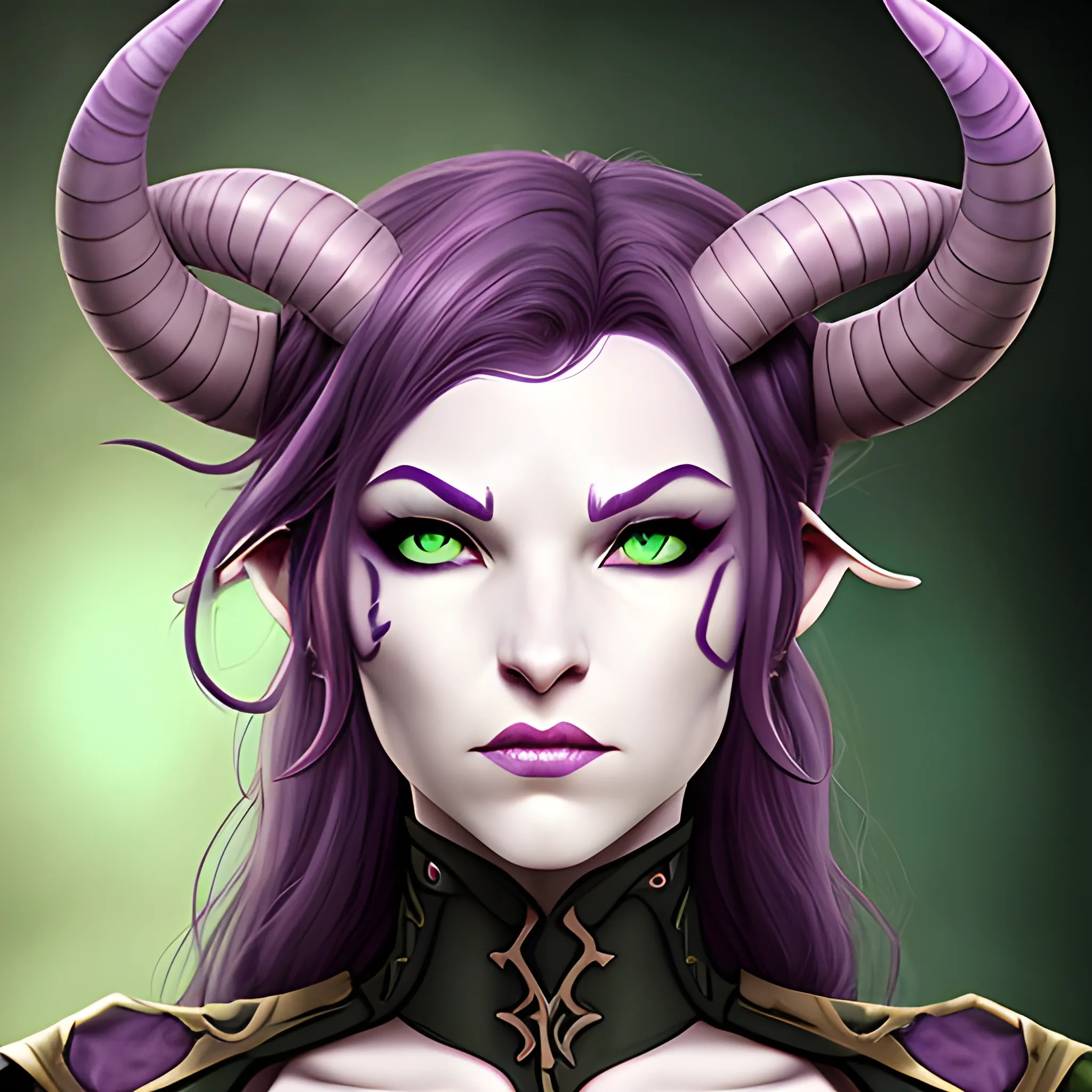 tiefling woman, pale light purple skin, large horns, heterochromia, green eyes, brunette hair
