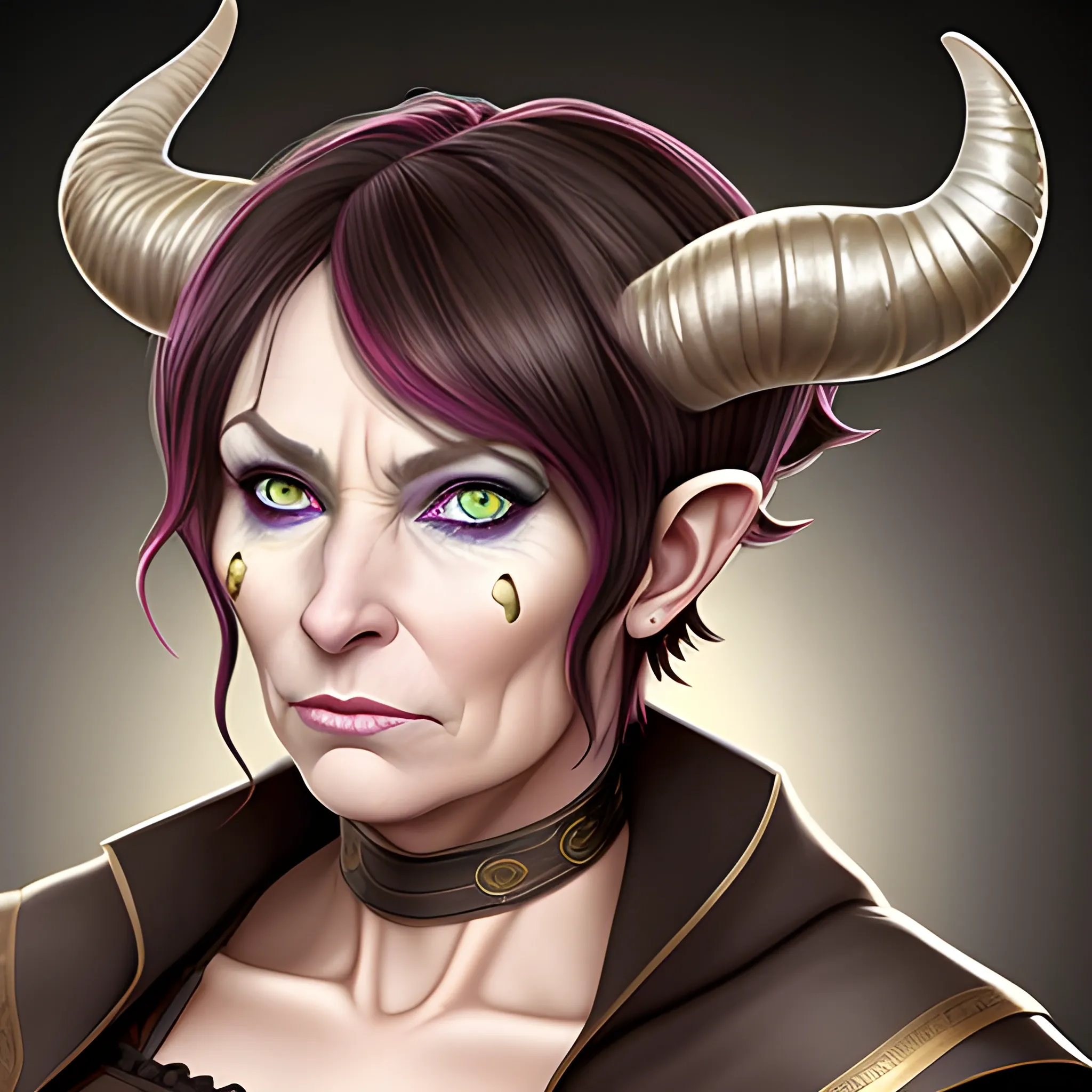 middle-aged woman, large horns, heterochromia, brunette hair
, tiefling