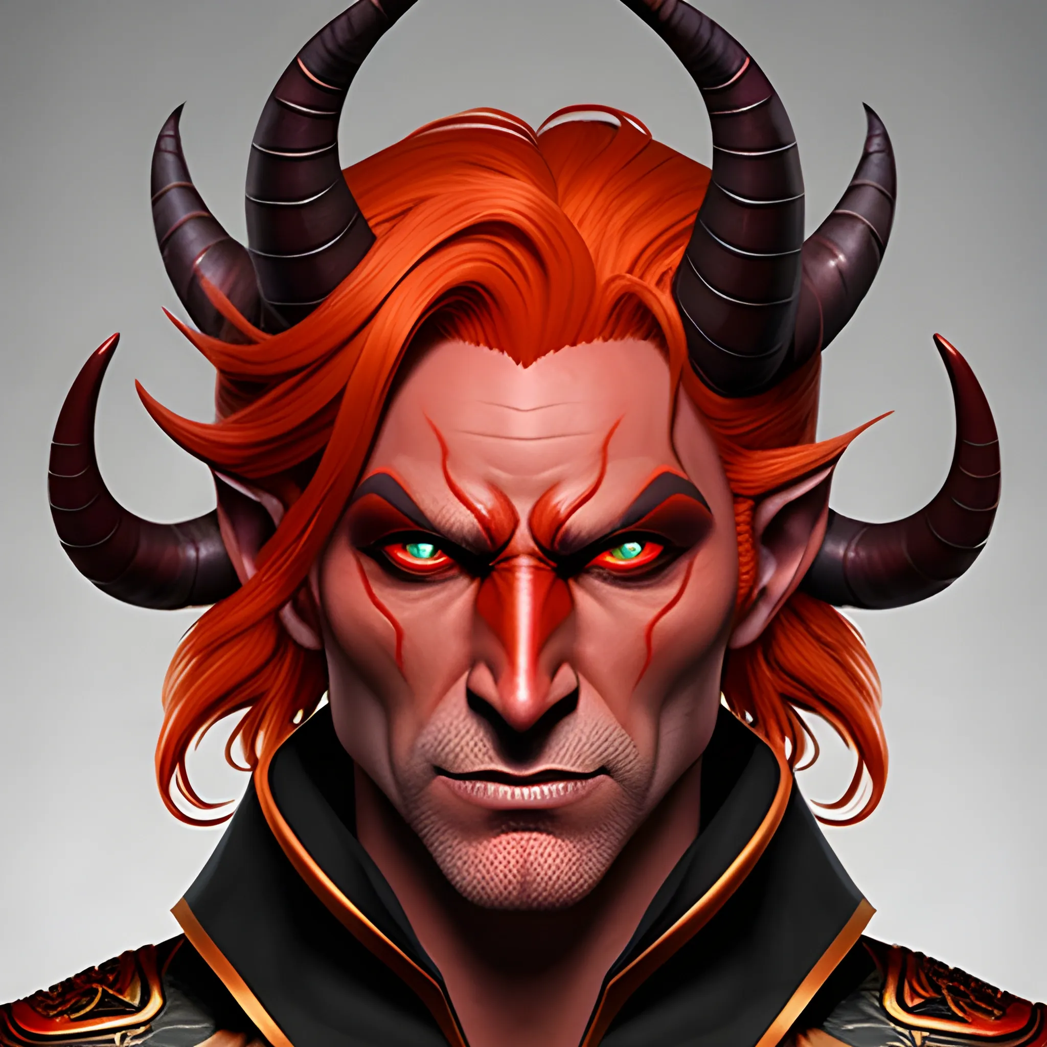 tiefling man, small horns, orange hair, red skin