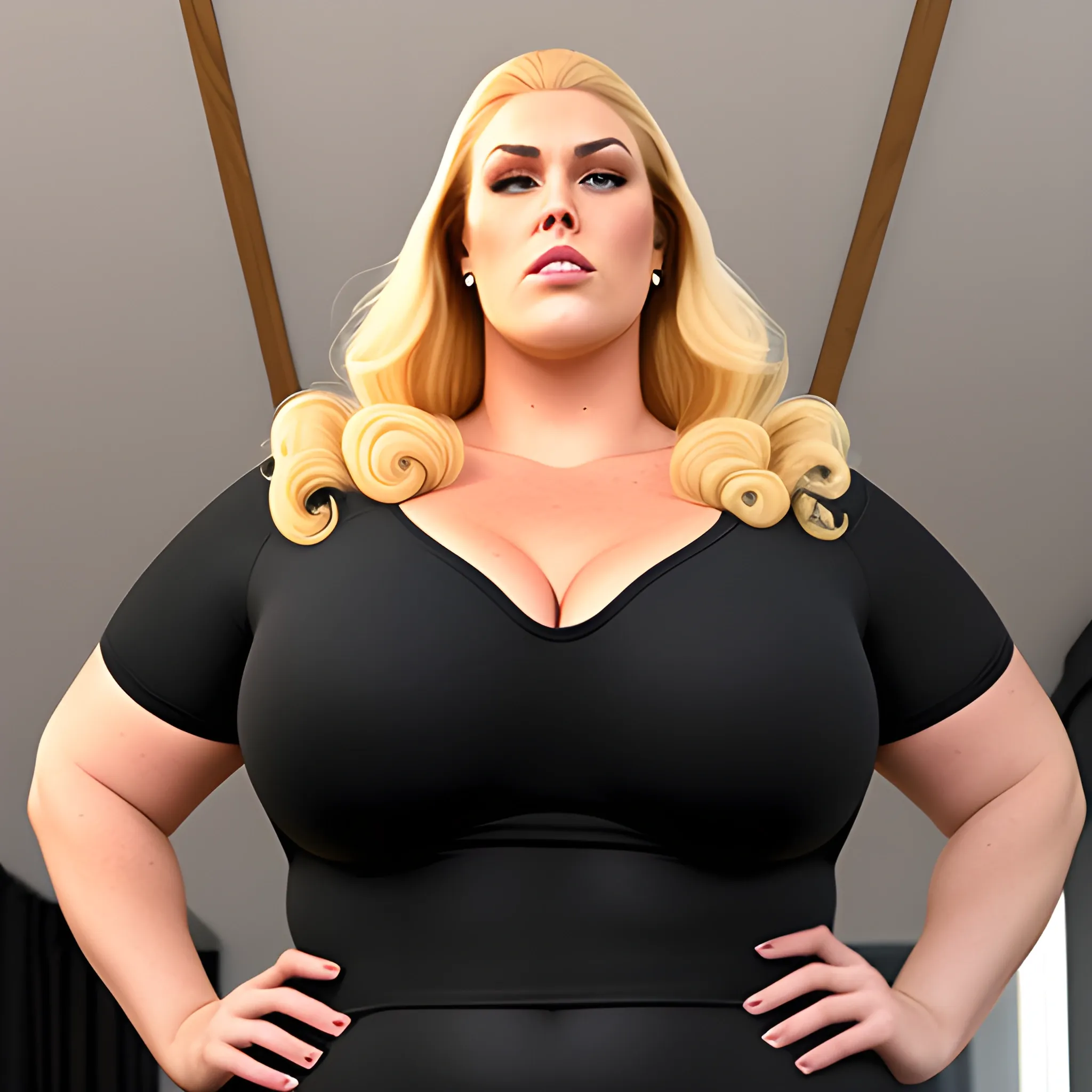 huge very tall strong and massive plus size blonde young girl with very small head and very broad shoulders bowing kindly down from under the ceiling towards us