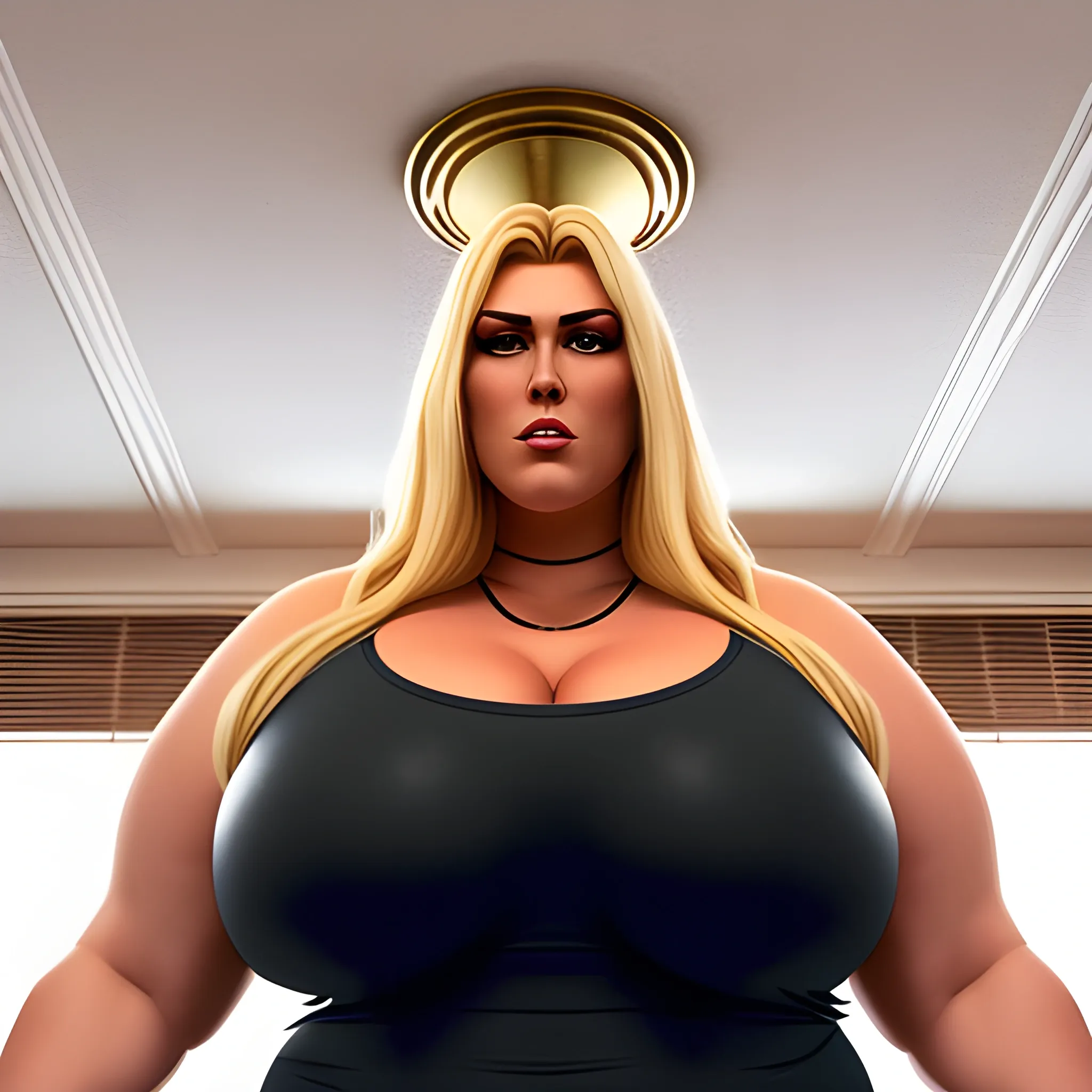 huge very tall strong and massive plus size blonde young girl with very small head and very broad shoulders bowing kindly down from under the ceiling towards us