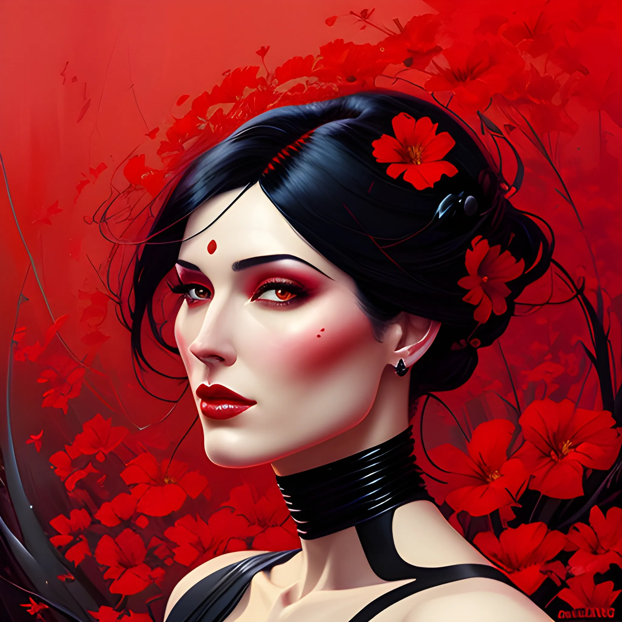 a painting of a woman surrounded by flowers, digital art, by Eddie Mendoza, martin ansin artwork portrait, red colored, very beautiful girl, girl with black hair, cute detailed digital art, shades of red, beautiful avatar pictures, graphic artist magali villeneuve, Oil Painting