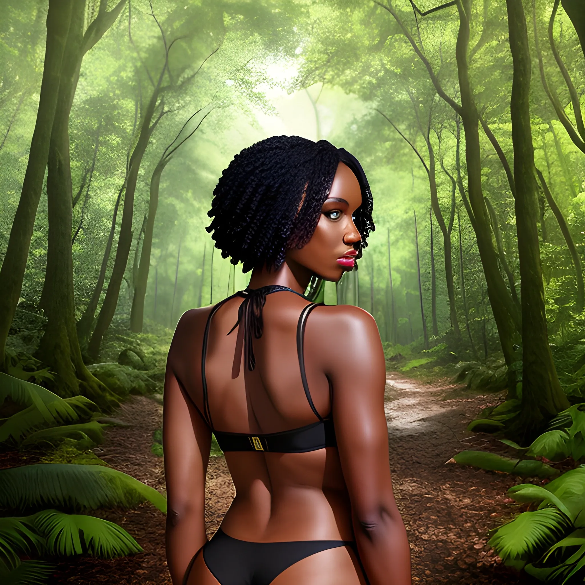 a woman in a forest with her back to the camera and a man in the background, breasts, looking_at_viewer, short_hair, multiple_girls, black_hair, 2girls, bare_shoulders, jewelry, medium_breasts, underwear, standing, panties, ass, earrings, outdoors, parted_lips, solo_focus, day, looking_back, dark_skin, from_behind, dark-skinned_female, tree, lips, crop_top, back, nature, armlet, forest, thong, realistic, bracer