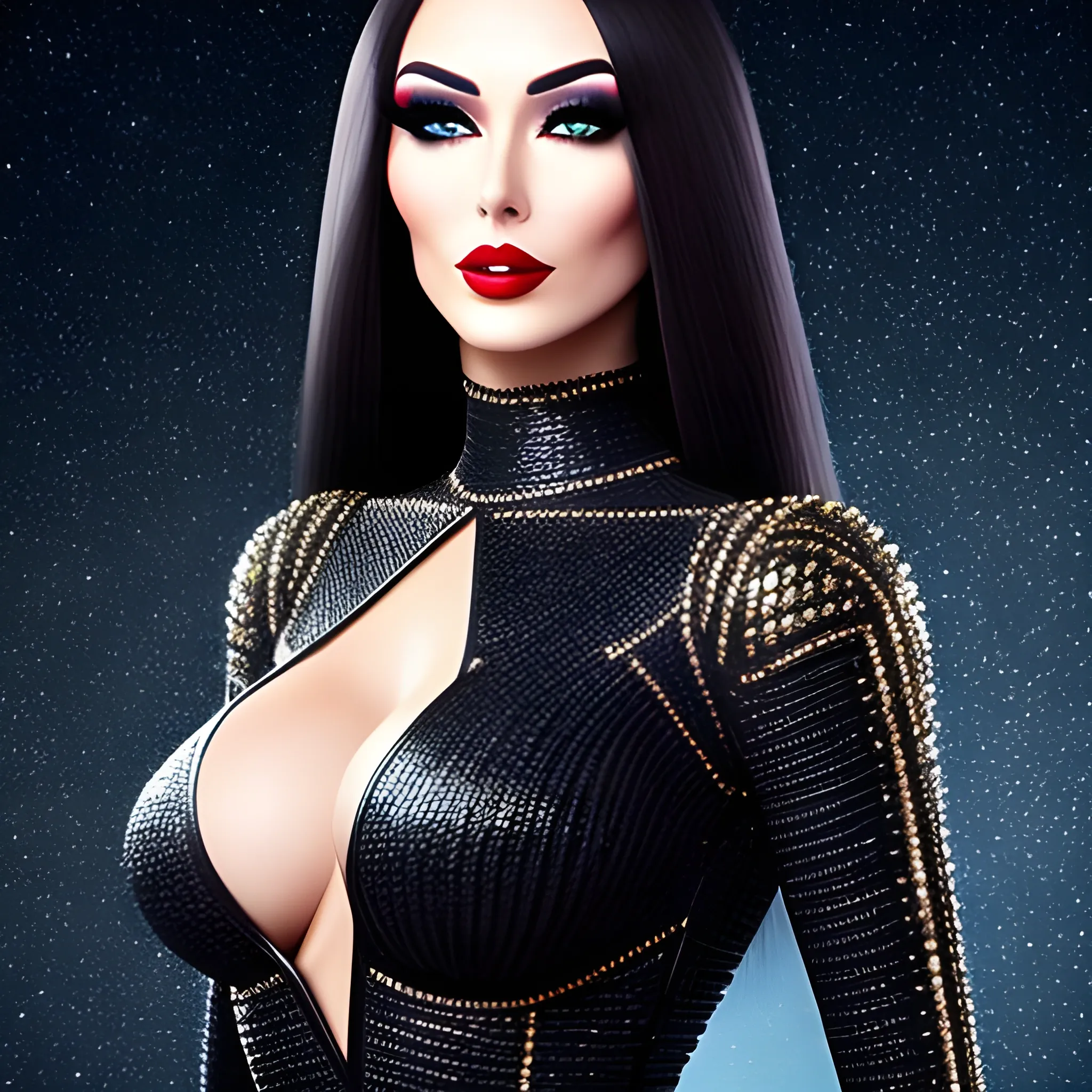 Beautiful robot girl in dynamic pose, dark straight hair with side comb, luxurious makeup, luxurious knitwear, luxurious diamonds,