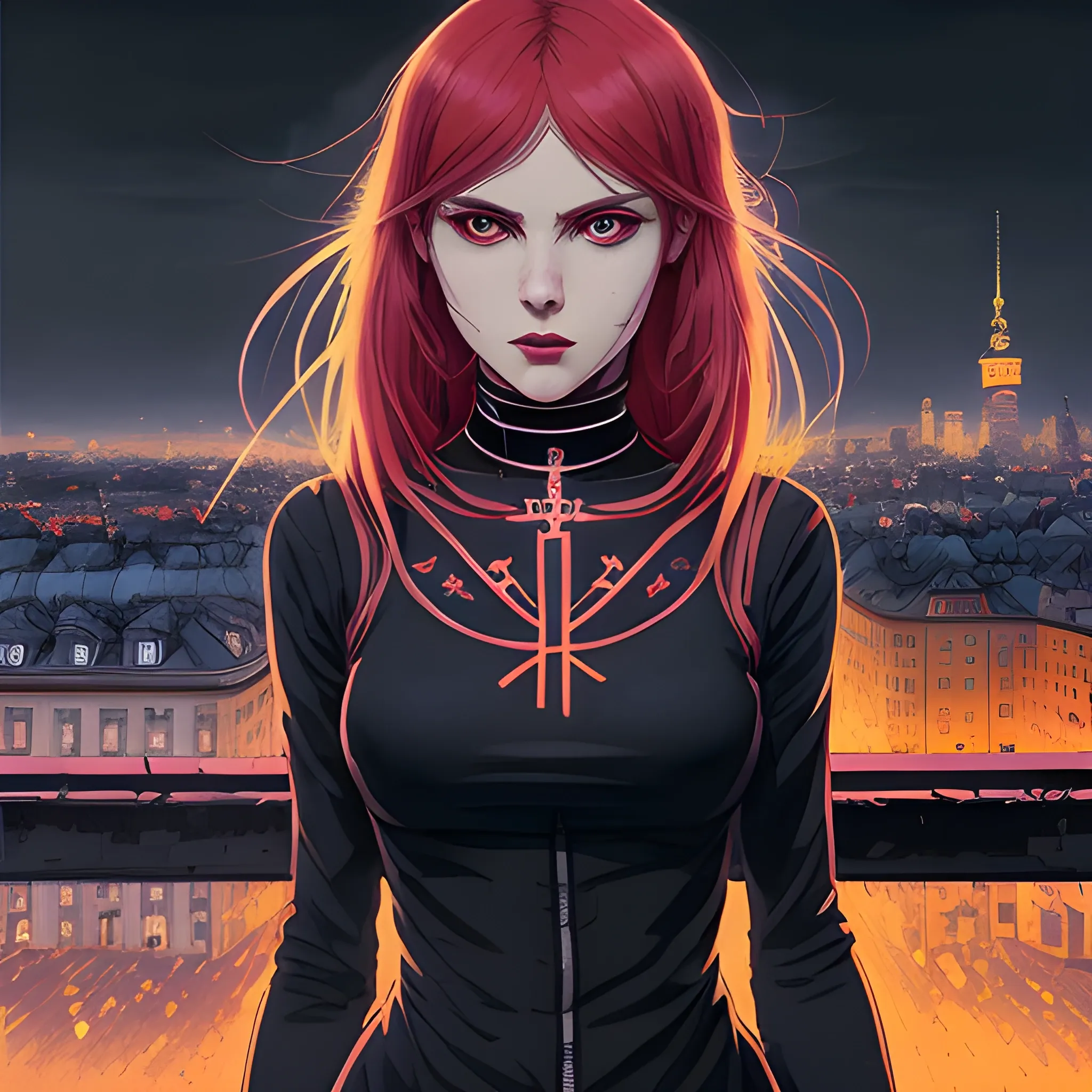 An image of a slavic woman wearing choker in a manga art, anime style character  red and sillver colors,  true aesthetics, casual fashion shot of a beautiful modern woman posing in front of a psychedelic art nouveau style. classy style polish female, full figure, fit, ellegant tight suit, miniskirt,  legs,  choker, cross, long hair, classy,  beautiful faces, manga eyes, open mouth, postapocaliptic Warsaw city in the background, dark night, art by Greg Rutkowski, acrylic, high contrast, colorful polychromatic, ultra detailed, ultra quality, CGSocietyHighly detailed, highest quality