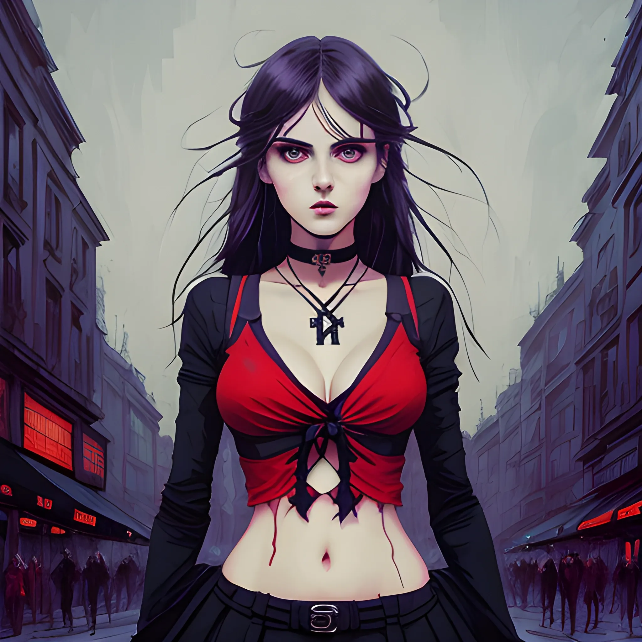 An image of a slavic woman wearing choker in a manga art, anime style character  red and sillver colors,  true aesthetics, casual fashion shot of a beautiful modern woman posing in front of a psychedelic art nouveau style. classy style polish female, full figure, fit, ellegant tight suit, miniskirt,  legs,  choker, cross, long hair, classy,  beautiful faces, manga eyes, open mouth, postapocaliptic Warsaw city in the background, dark night, art by Greg Rutkowski, acrylic, high contrast, colorful polychromatic, ultra detailed, ultra quality, CGSocietyHighly detailed, highest quality