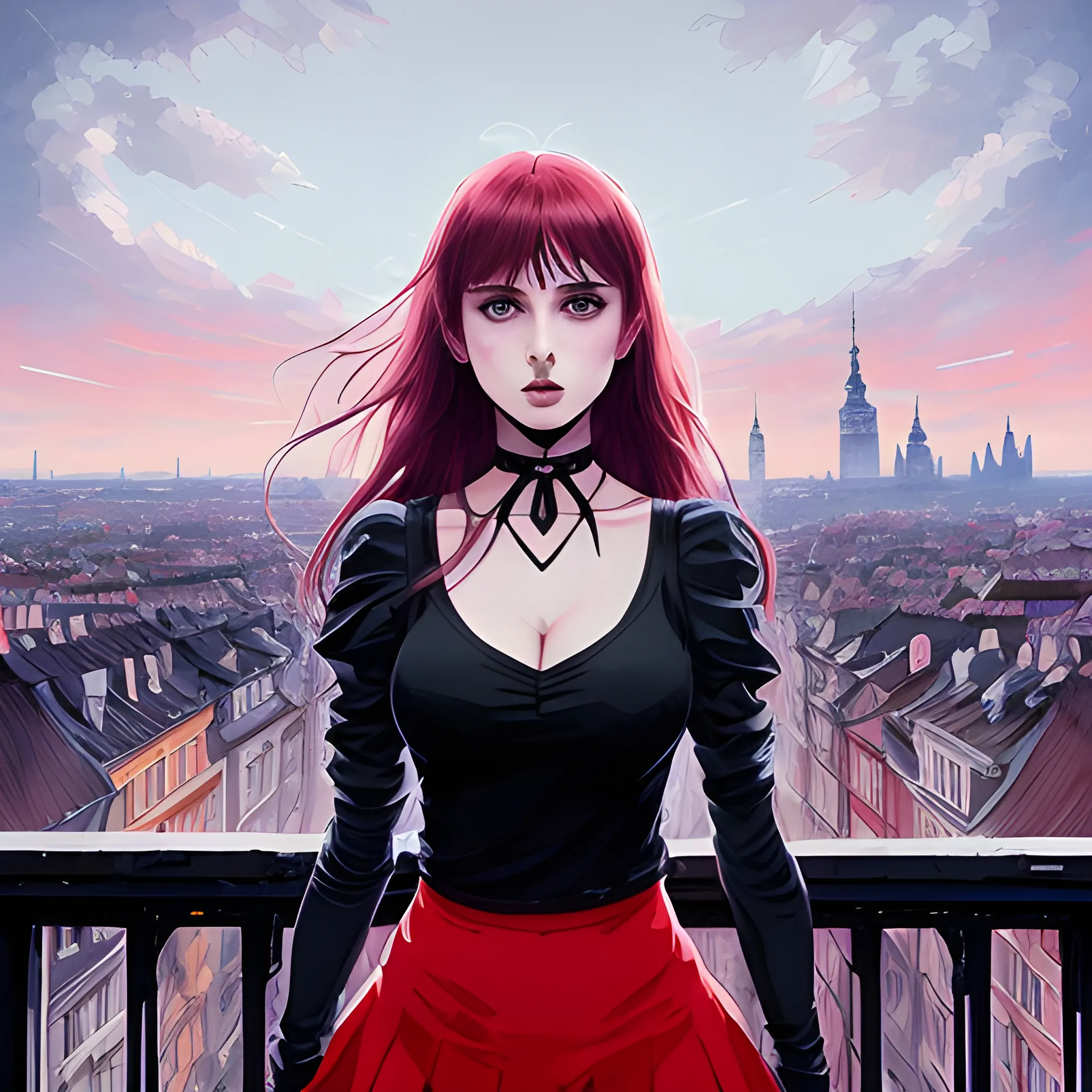 An image of a slavic woman wearing choker in a manga art, anime style character  red and sillver colors,  true aesthetics, casual fashion shot of a beautiful modern woman posing in front of a psychedelic art nouveau style. classy style polish female, full figure, fit, ellegant tight suit, miniskirt,  legs,  choker, cross, long hair, classy,  beautiful faces, manga eyes, open mouth,  Warsaw city in the background, dark night, art by Greg Rutkowski, acrylic, high contrast, colorful polychromatic, ultra detailed, ultra quality, CGSocietyHighly detailed, highest quality