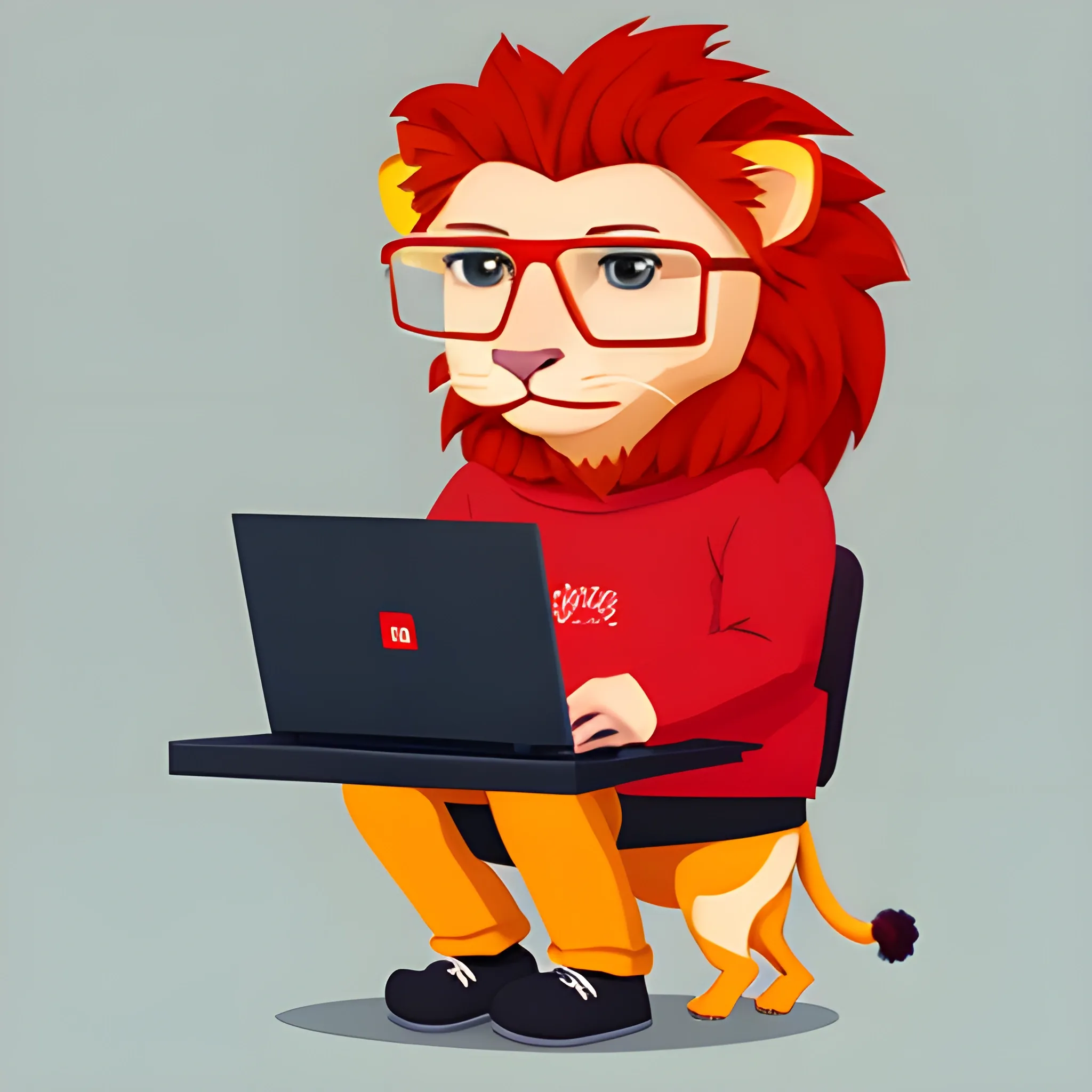 Full-length programmer lion in red clothes, wearing glasses and holding a laptop, Cartoon