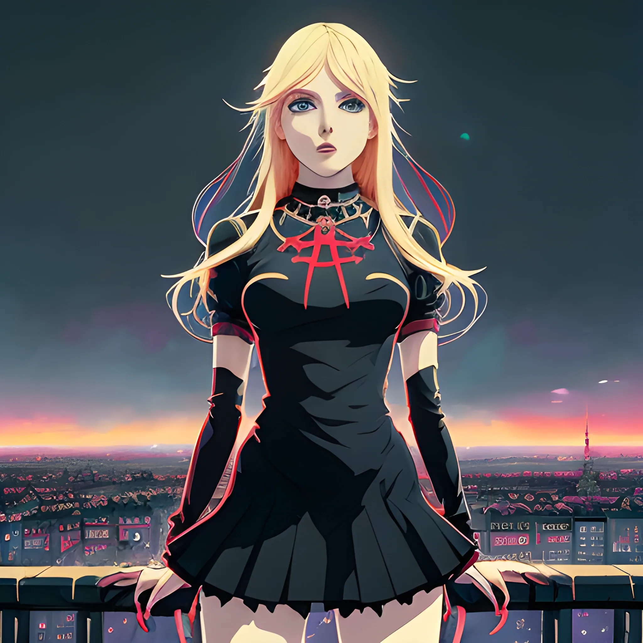 An image of a blonde slavic woman wearing choker in a manga art, anime style character  red and sillver colors,  true aesthetics, casual fashion shot of a beautiful modern woman posing in front of a psychedelic art nouveau style. classy style polish female, full figure, fit, ellegant tight suit, miniskirt,  legs,  choker, cross, long hair, classy,  beautiful faces, manga eyes, open mouth,  Warsaw city in the background, dark night, art by Greg Rutkowski, acrylic, high contrast, colorful polychromatic, ultra detailed, ultra quality, CGSocietyHighly detailed, highest quality