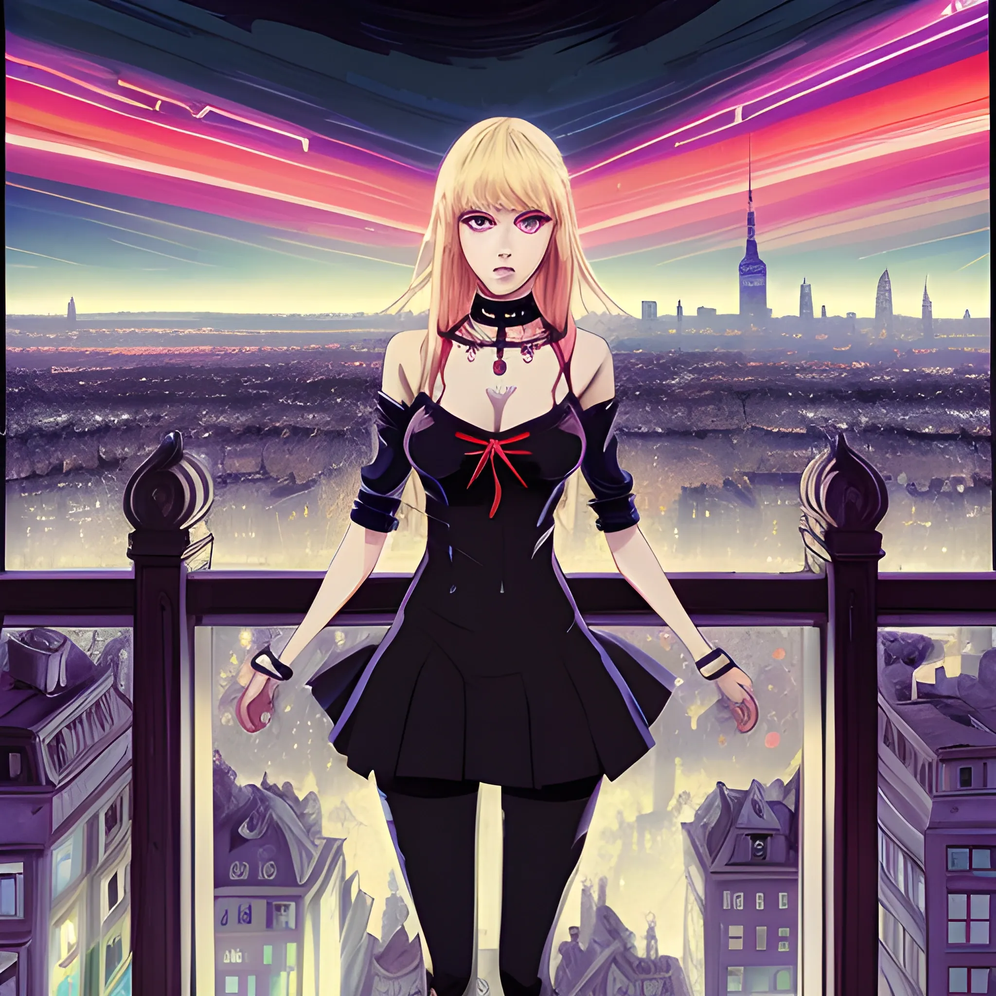 An image of a blonde slavic woman wearing choker in a manga art, anime style character  red and sillver colors,  true aesthetics, casual fashion shot of a beautiful modern woman posing in front of a psychedelic art nouveau style. classy style polish female, full figure, fit, ellegant tight suit, miniskirt,  legs,  choker, cross, long hair, classy,  beautiful faces, manga eyes, open mouth,  Warsaw city in the background, dark night, art by Greg Rutkowski, acrylic, high contrast, colorful polychromatic, ultra detailed, ultra quality, CGSocietyHighly detailed, highest quality