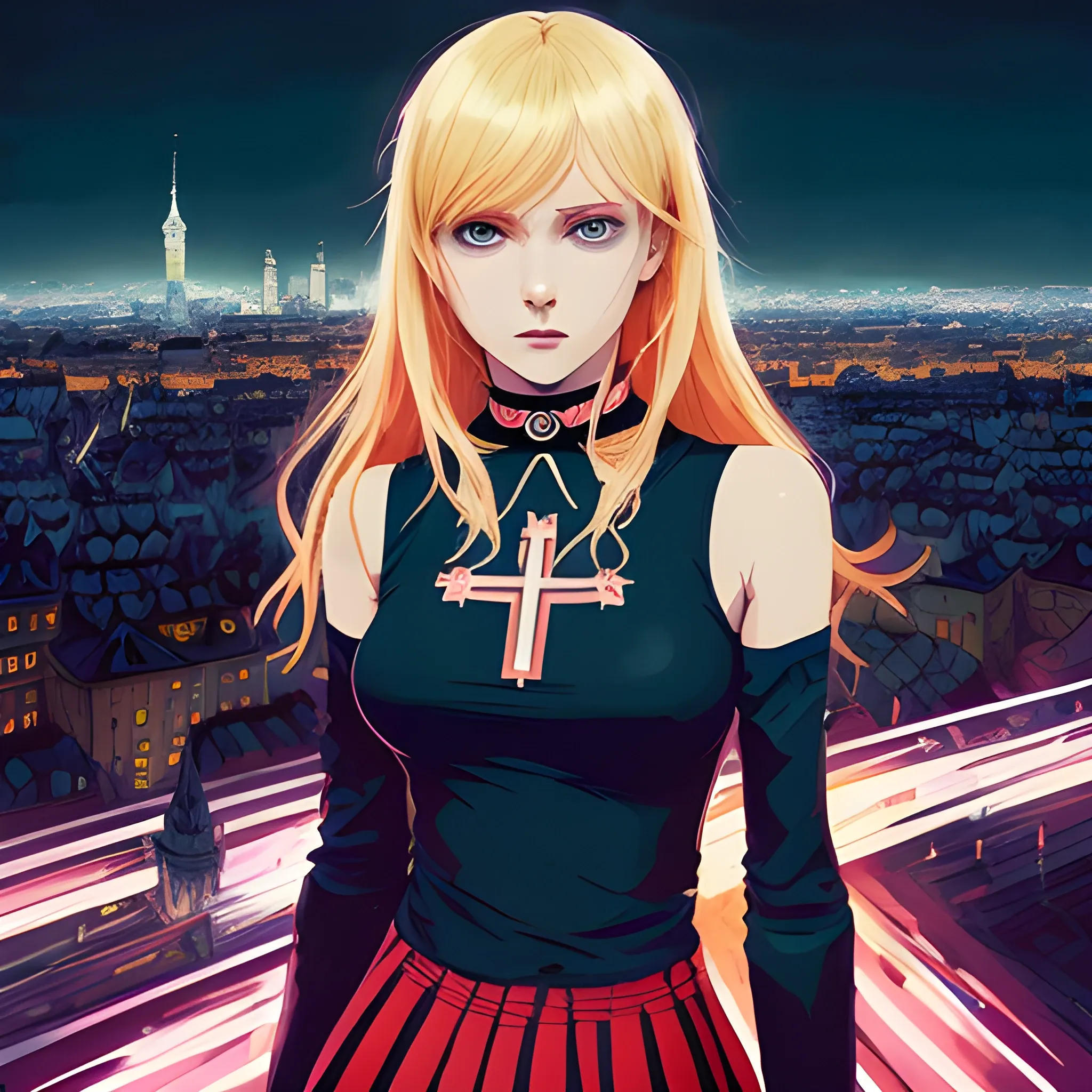 An image of a blonde slavic woman wearing choker in a manga art, anime style character  red and sillver colors,  true aesthetics, casual fashion shot of a beautiful modern woman posing in front of a psychedelic art nouveau style. classy style polish female, full figure, fit, ellegant tight suit, miniskirt,  legs,  choker, cross, long hair, classy,  beautiful faces, manga eyes, open mouth,  Warsaw city in the background, dark night, art by Greg Rutkowski, acrylic, high contrast, colorful polychromatic, ultra detailed, ultra quality, CGSocietyHighly detailed, highest quality