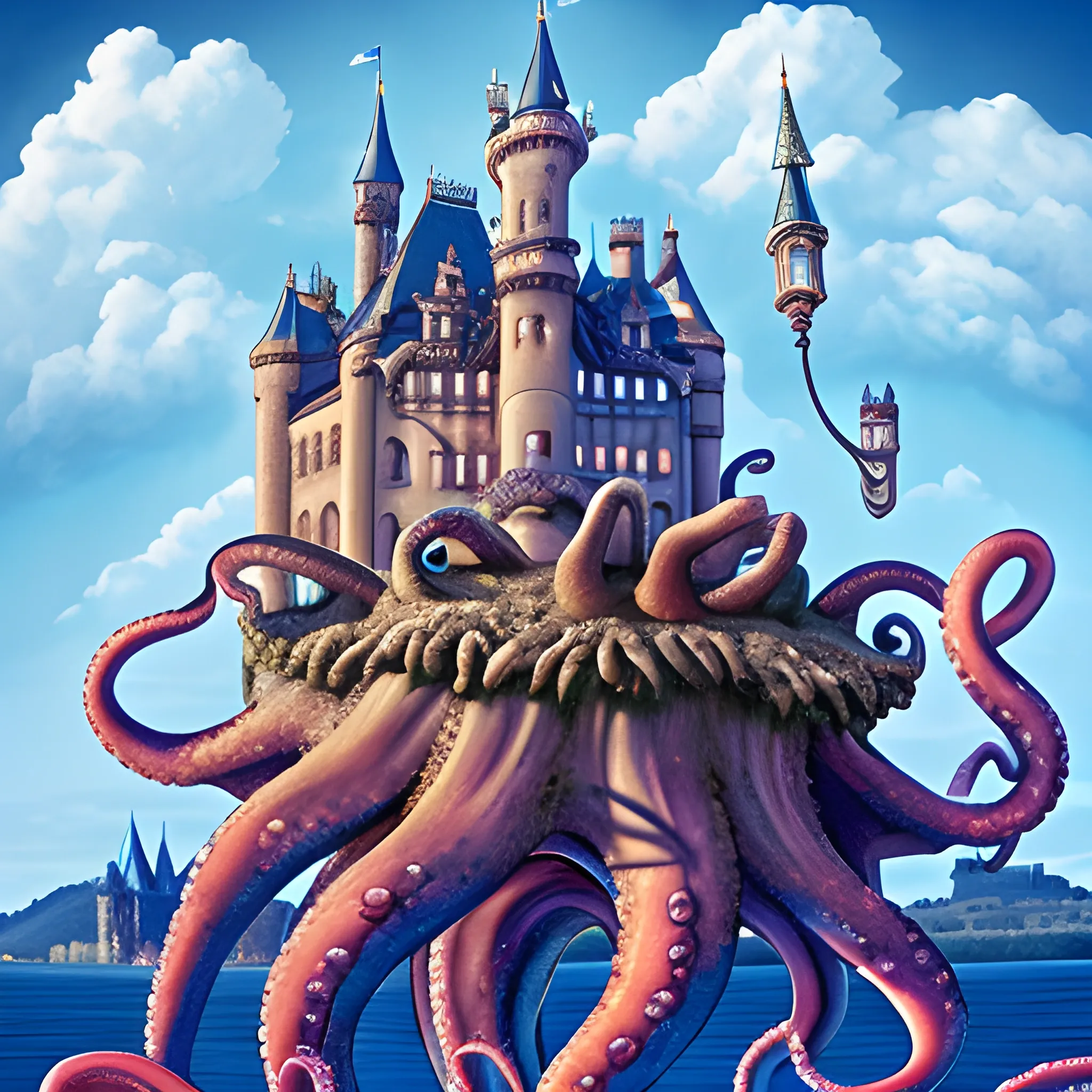 a giant octopus attacking a giant octopus in front of a castle with a castle in the background, open_mouth, holding, weapon, multiple_boys, sky, tongue, cloud, glowing, tentacles, monster, giant, Trippy