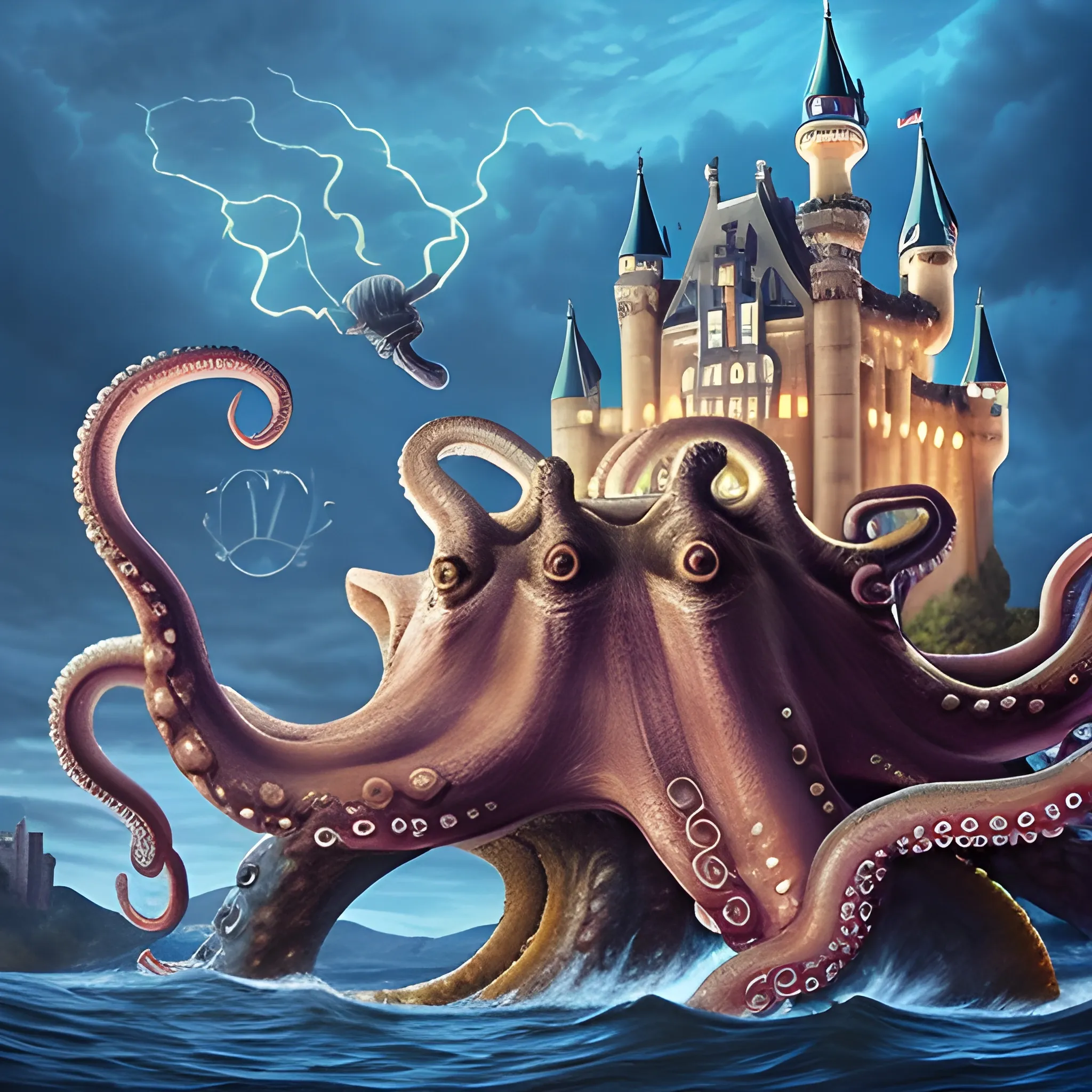 a giant octopus attacking a giant octopus in front of a castle with a castle in the background, open_mouth, holding, weapon, multiple_boys, sky, tongue, cloud, glowing, tentacles, monster, giant