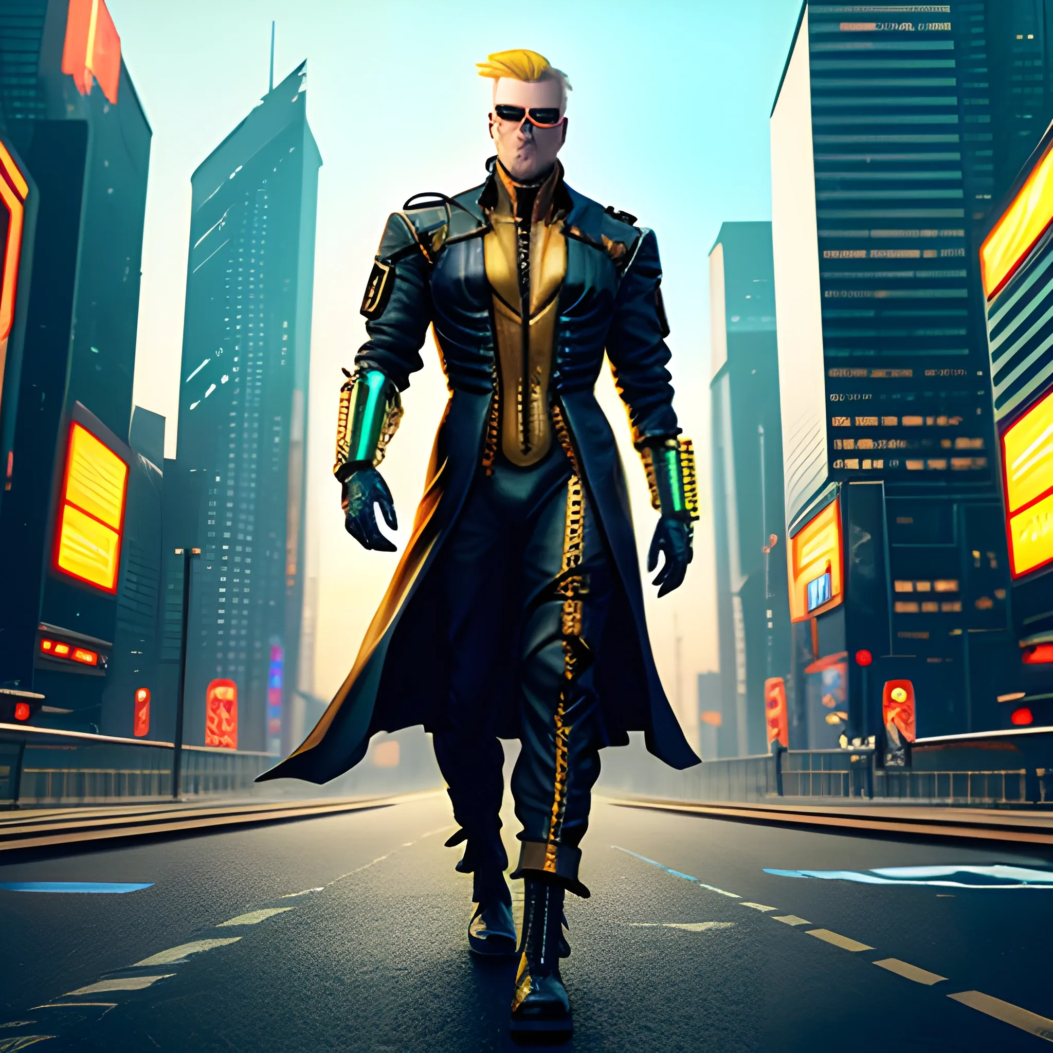 cyberpunk boy with golden hair, somurai boy , 2050 , in the Middle of city 