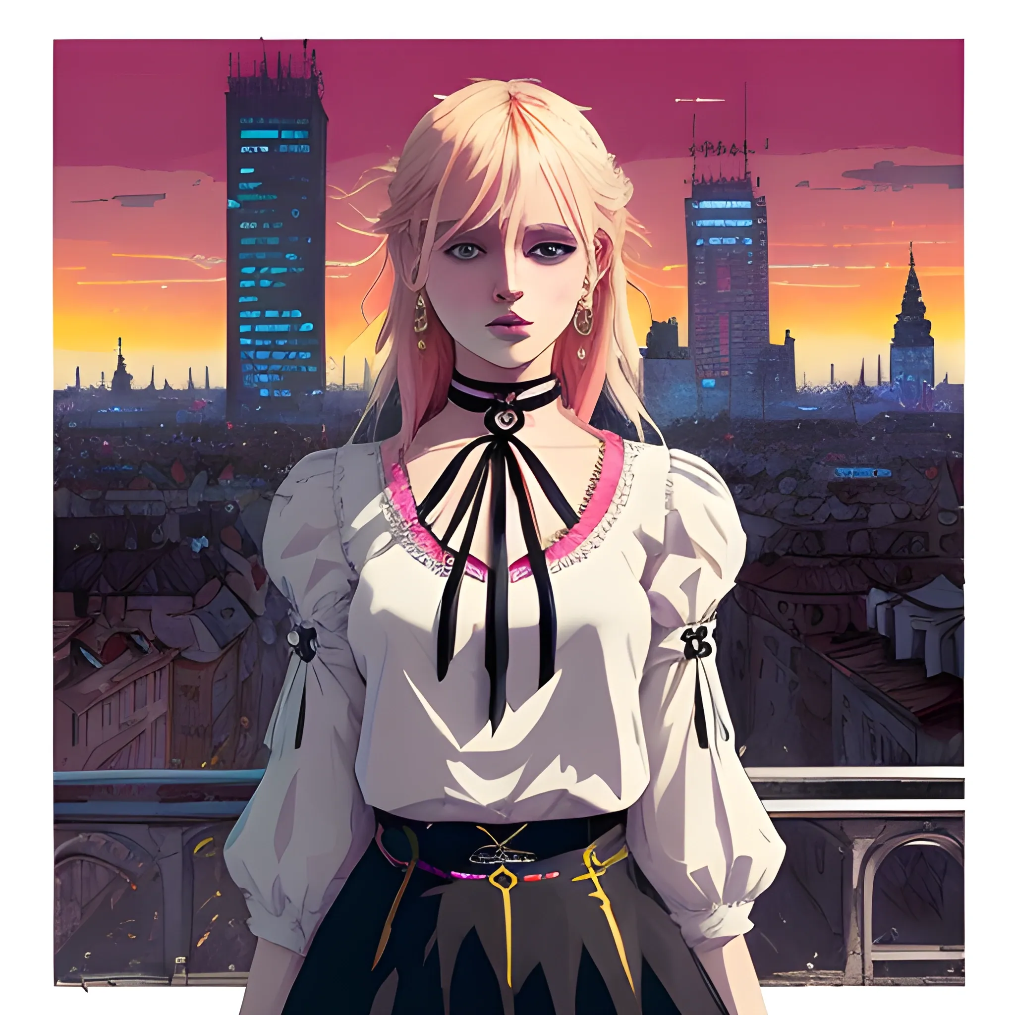 An image of a blonde hair slavic woman wearing choker in a manga art, anime style character  red and sillver colors,  true aesthetics, casual fashion shot of a beautiful modern woman posing in front of a psychedelic art nouveau style. classy style polish female, full figure, fit, ellegant tight pink costume, miniskirt,  legs,  choker, cross, long hair, classy,  beautiful faces, manga eyes, open mouth,  Warsaw city in the background, dark night, art by Greg Rutkowski, acrylic, high contrast, colorful polychromatic, ultra detailed, ultra quality, CGSocietyHighly detailed, highest quality