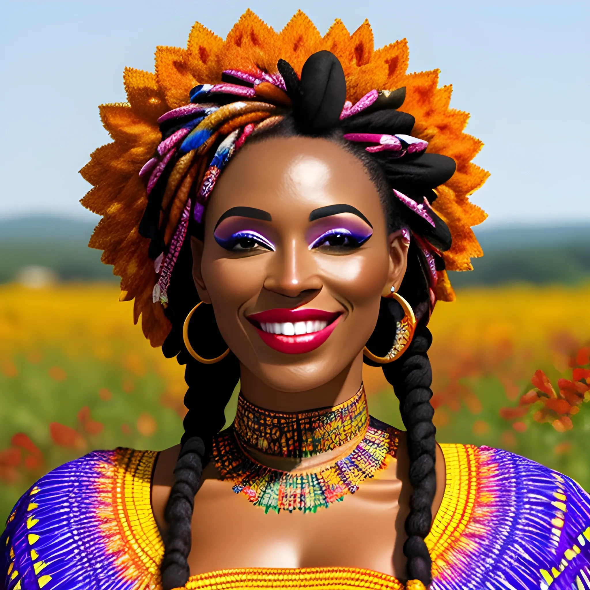 "Visualize a radiant and joyful black child, about 6 years old, standing in a sunlit field of wildflowers. Their face is beaming with happiness, and they're wearing a vibrant, traditional African outfit adorned with bright colors and patterns. The child's hair is styled in intricate braids or curls, and their eyes sparkle with curiosity and innocence. Surround the child with a gentle, warm breeze that stirs the flowers, creating a scene that radiates beauty and positivity."
