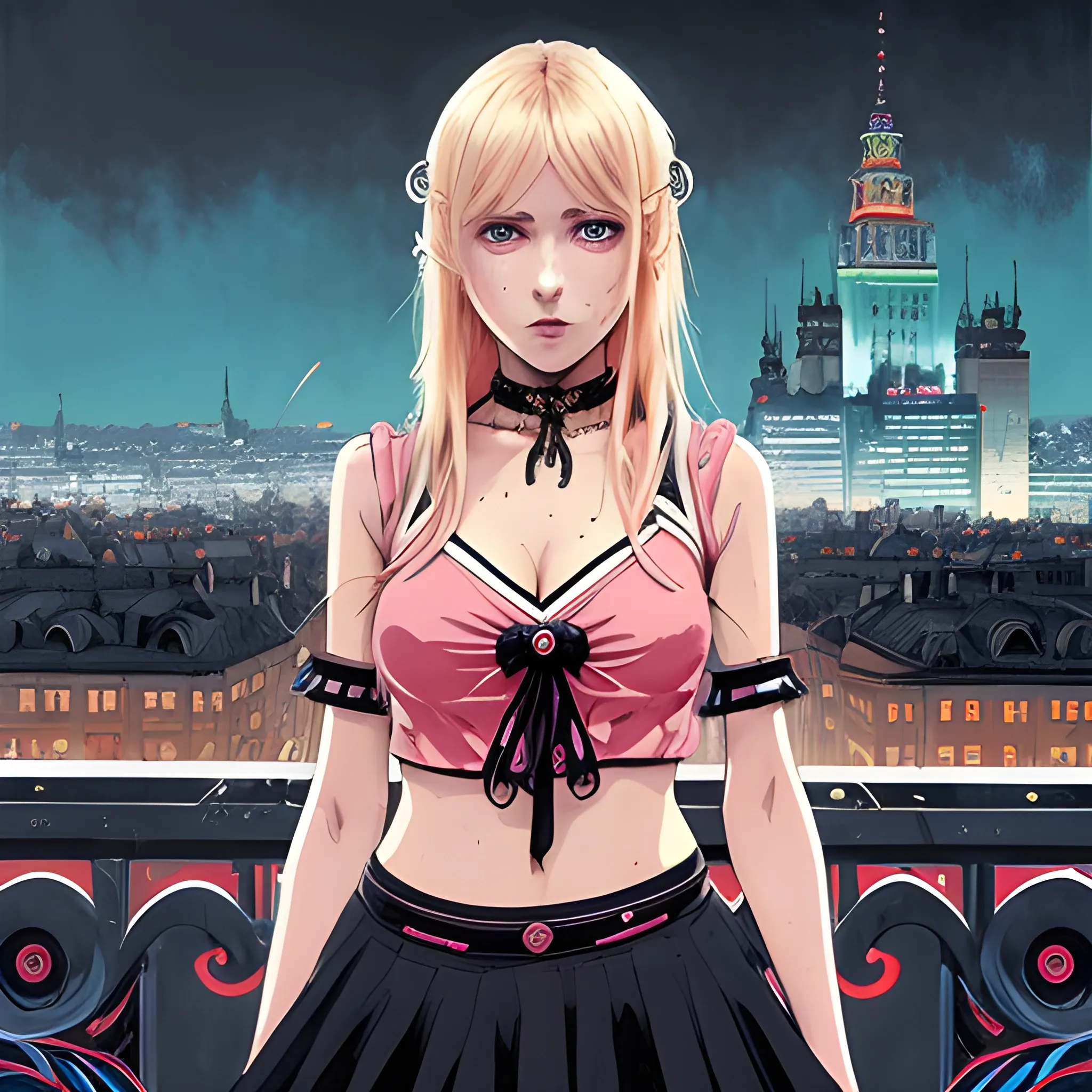 An image of a blonde hair slavic woman wearing choker in a manga art, anime style character  red and sillver colors,  true aesthetics, casual fashion shot of a beautiful modern woman posing in front of a psychedelic art nouveau style. classy style polish female, full figure, fit, ellegant tight pink costume, miniskirt,  legs,  choker, cross, long hair, classy,  beautiful faces, manga eyes, open mouth,  Warsaw city in the background, dark night, art by Greg Rutkowski, acrylic, high contrast, colorful polychromatic, ultra detailed, ultra quality, CGSocietyHighly detailed, highest quality