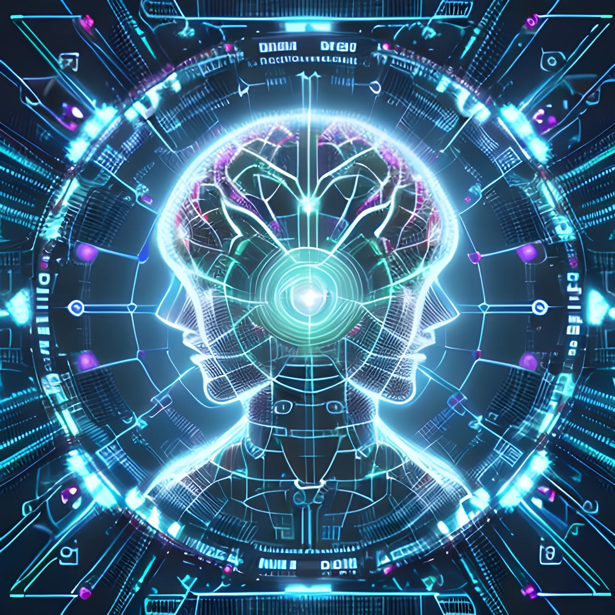 Create an image that combines the essence of technology and artificial intelligence in a visually striking way. Imagine a circuit board landscape where digital pathways of light intertwine, forming the shape of a human brain at the center. Surrounding this brain are vibrant, glowing AI-related symbols, such as neural network nodes, binary code, and futuristic elements. The backdrop should be a cosmic, starry expanse, symbolizing the boundless possibilities of AI technology. Craft this image to capture the spirit of innovation and intelligence that defines our 'Tech Talk: AI Edition' group, 3D