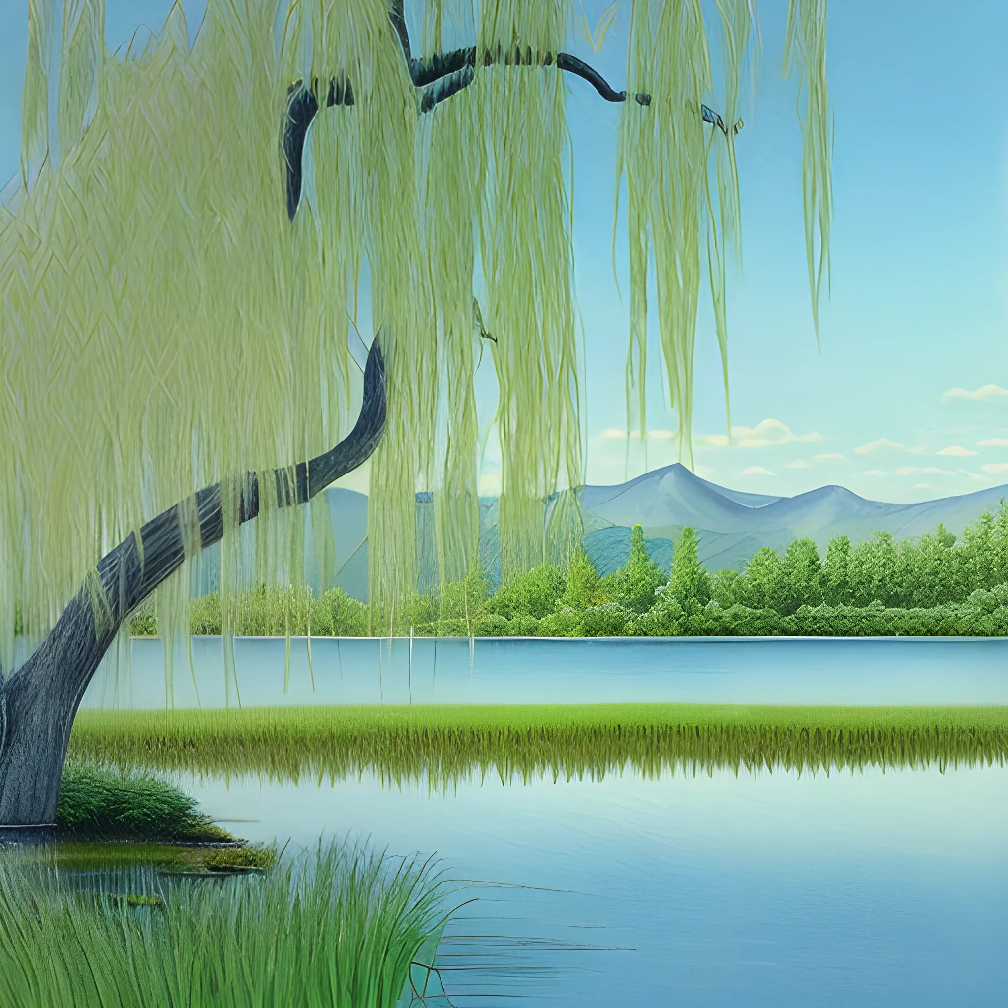 Generate a stunning image of a serene, picturesque green landscape. The landscape should be characterized by rolling hills covered in lush, vibrant green grass. There should be a clear, pristine blue sky overhead with a few fluffy white clouds scattered across it. In the foreground, include a tranquil pond with crystal-clear water reflecting the surrounding landscape. On one side of the pond, there should be a weeping willow tree with its branches gracefully draping down towards the water's surface. The scene should evoke a sense of tranquility and natural beauty., Pencil Sketch