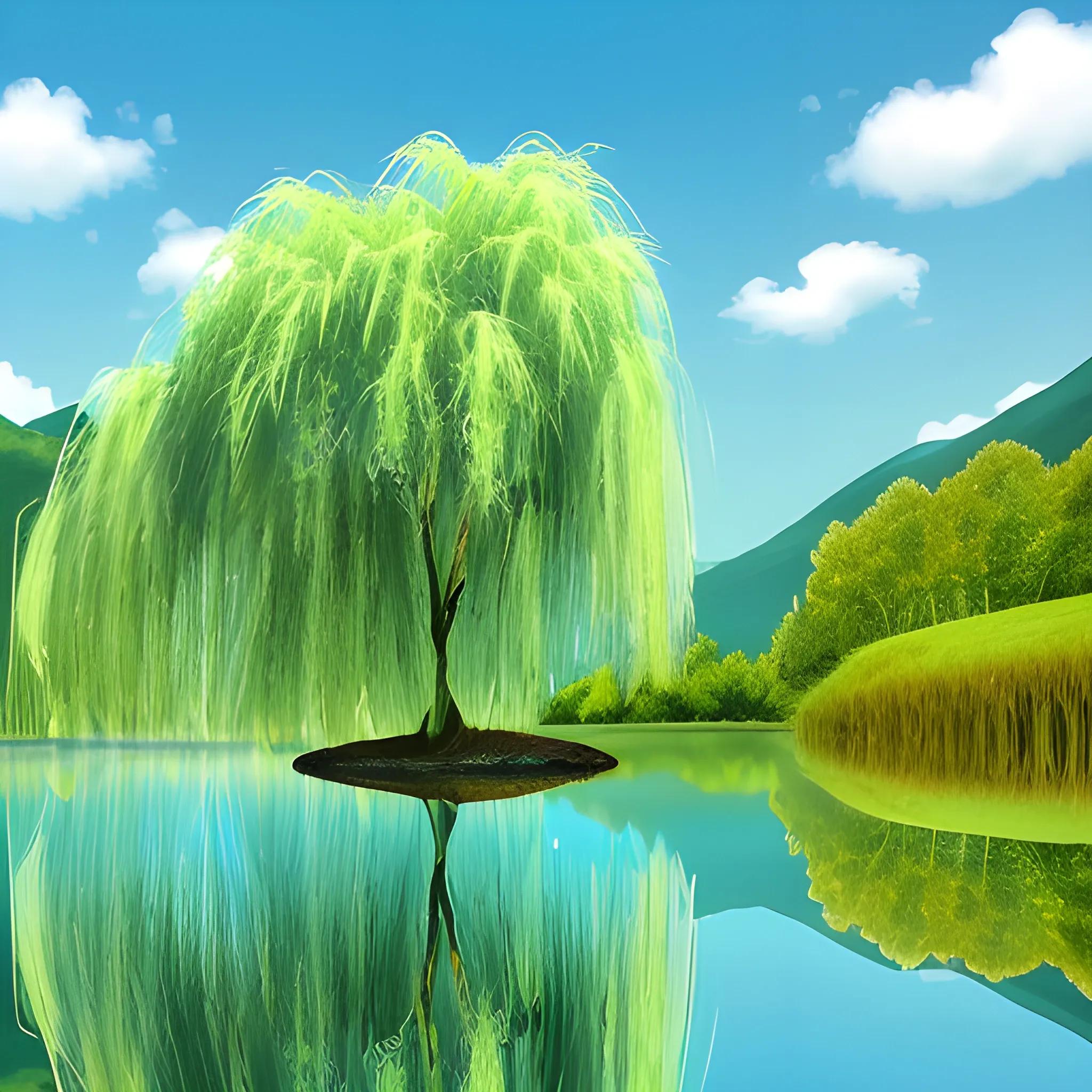 Generate a stunning image of a serene, picturesque green landscape. The landscape should be characterized by rolling hills covered in lush, vibrant green grass. There should be a clear, pristine blue sky overhead with a few fluffy white clouds scattered across it. In the foreground, include a tranquil pond with crystal-clear water reflecting the surrounding landscape. On one side of the pond, there should be a weeping willow tree with its branches gracefully draping down towards the water's surface. The scene should evoke a sense of tranquility and natural beauty.,  Cartoon