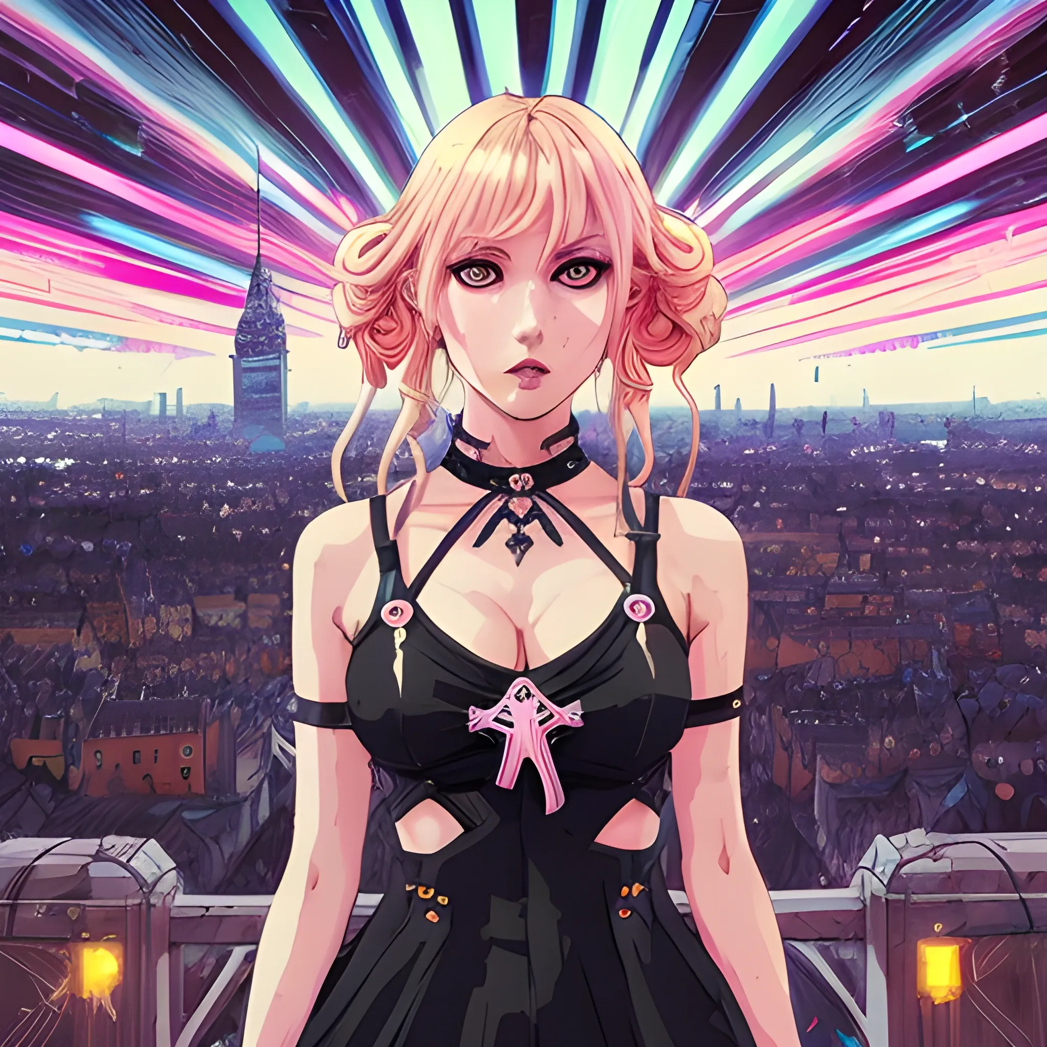 An image of a blonde hair slavic woman wearing choker in a manga art, anime style character  red and sillver colors,  true aesthetics, casual fashion shot of a beautiful modern woman posing in front of a psychedelic art nouveau style. classy style polish female, full figure, fit, ellegant tight pink costume, miniskirt,  legs,  choker, cross, long hair, classy,  beautiful faces, manga eyes, open mouth,  messy chaotic Warsaw city in the background, dark night, art by Greg Rutkowski, acrylic, high contrast, colorful polychromatic, ultra detailed, ultra quality, CGSocietyHighly detailed, highest quality, 3D