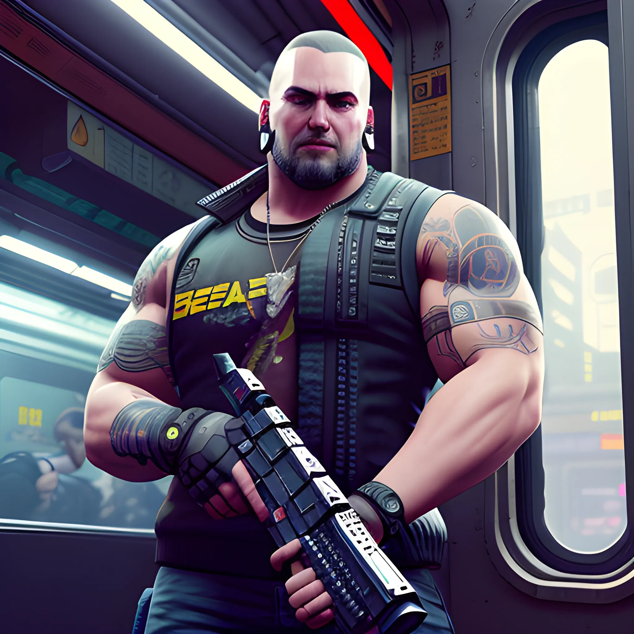 Beefy male, wielding heavy machine gun, leaning on train, cyberp... -  Arthub.ai