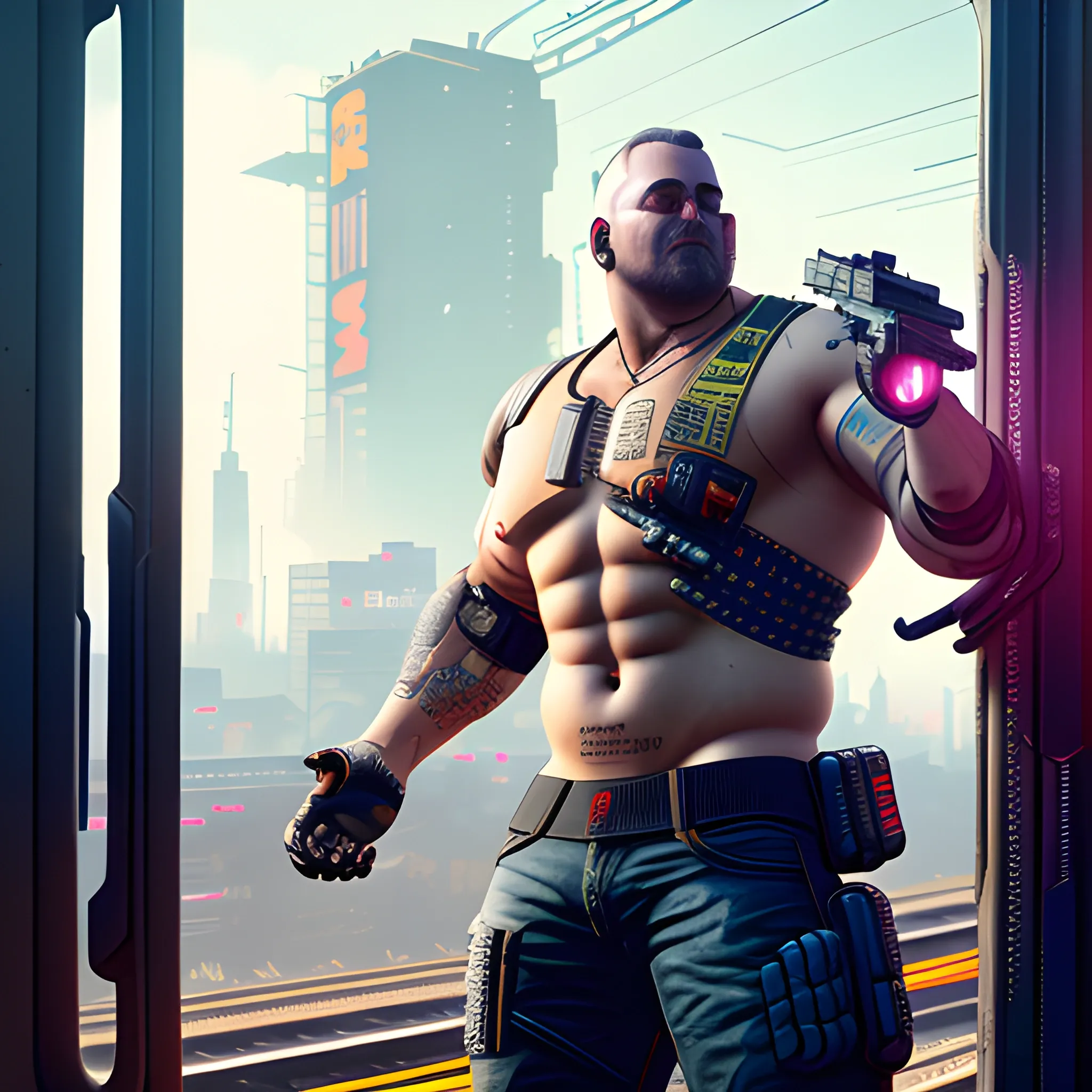 Beefy male, wielding heavy machine gun, leaning on train, cyberpunk 2077