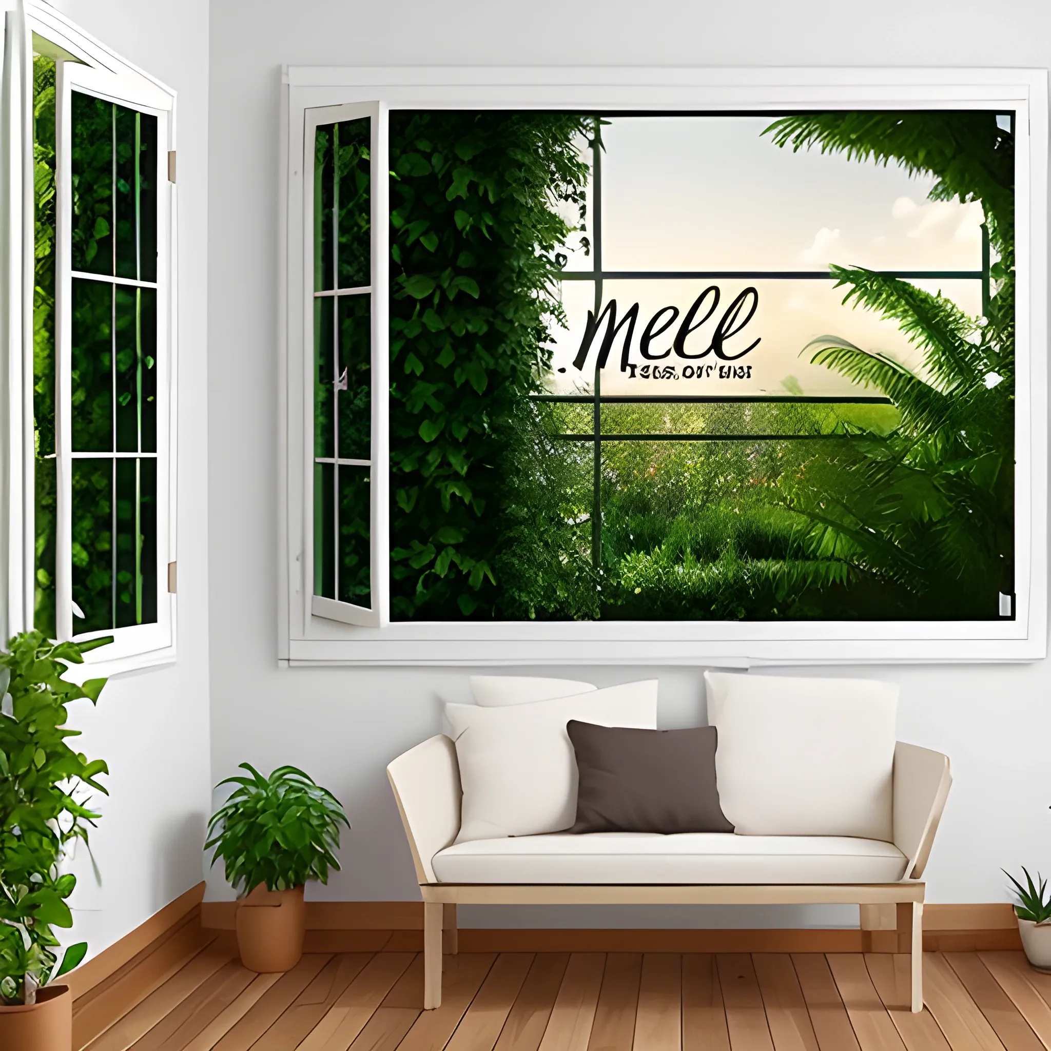 fondo de pantalla para meet: pieza con libros madera blanco y ventana con patio con plantas
