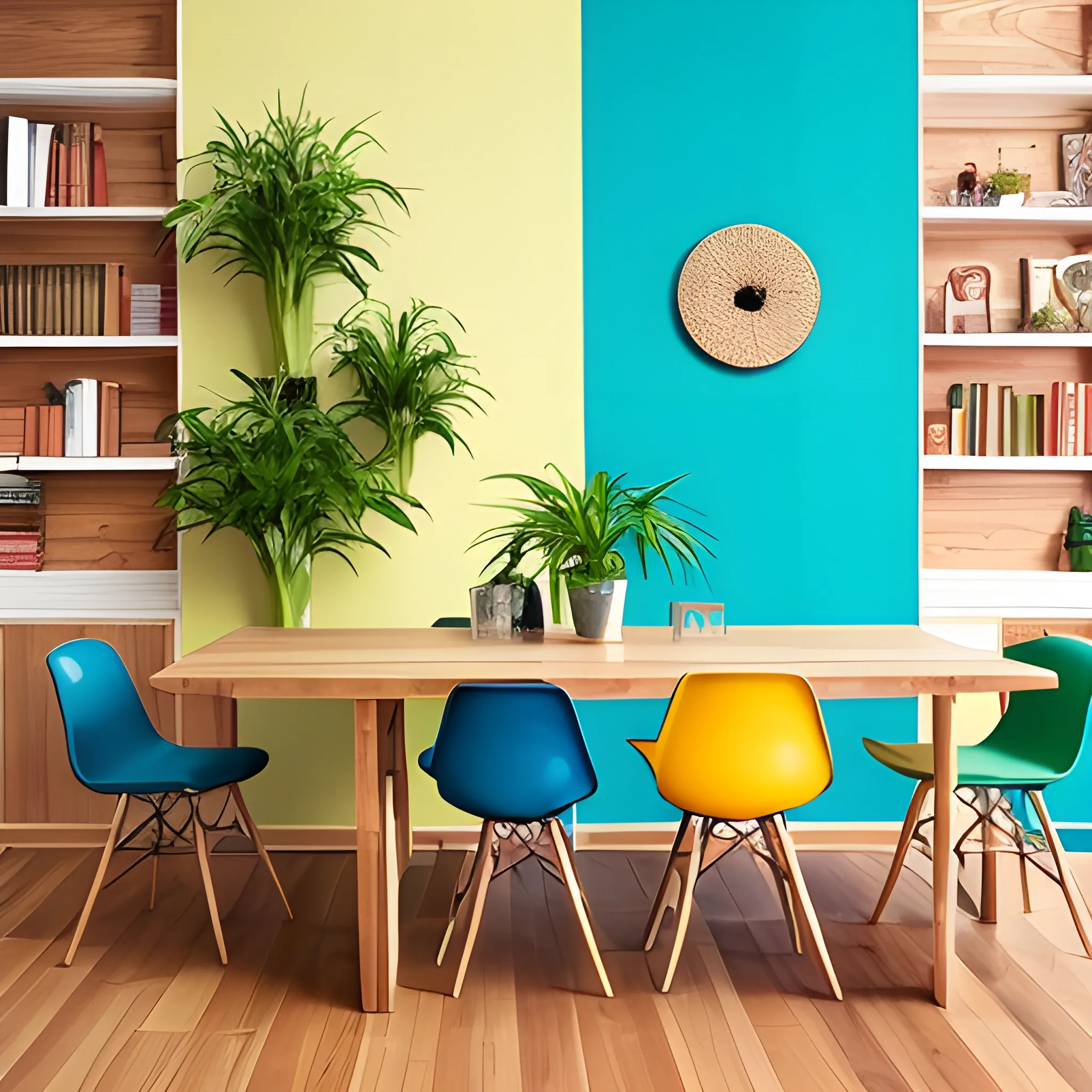 fondo de meet para reuniones de trabajo: el ambiente es una pieza con caracteristicas: piso de madera y colores suaves en las paredes, estante de libros con diferentes colores y tamaños, debe tener una planta y un cuadro de oceano 