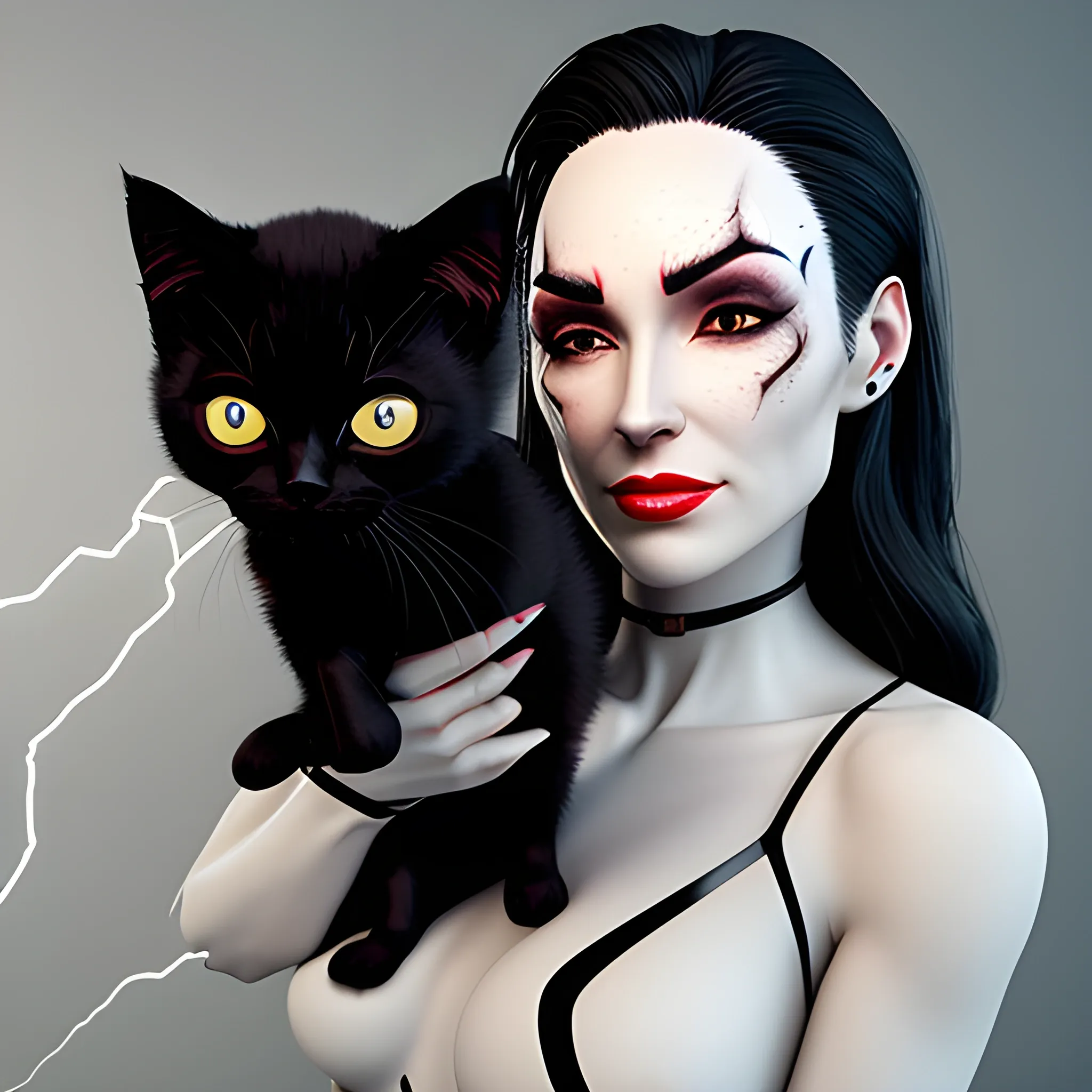 Little white girl holding Black kitten with, silver strikes, of lightening blot on forehead, and lightening blots on rest of body, 3D
