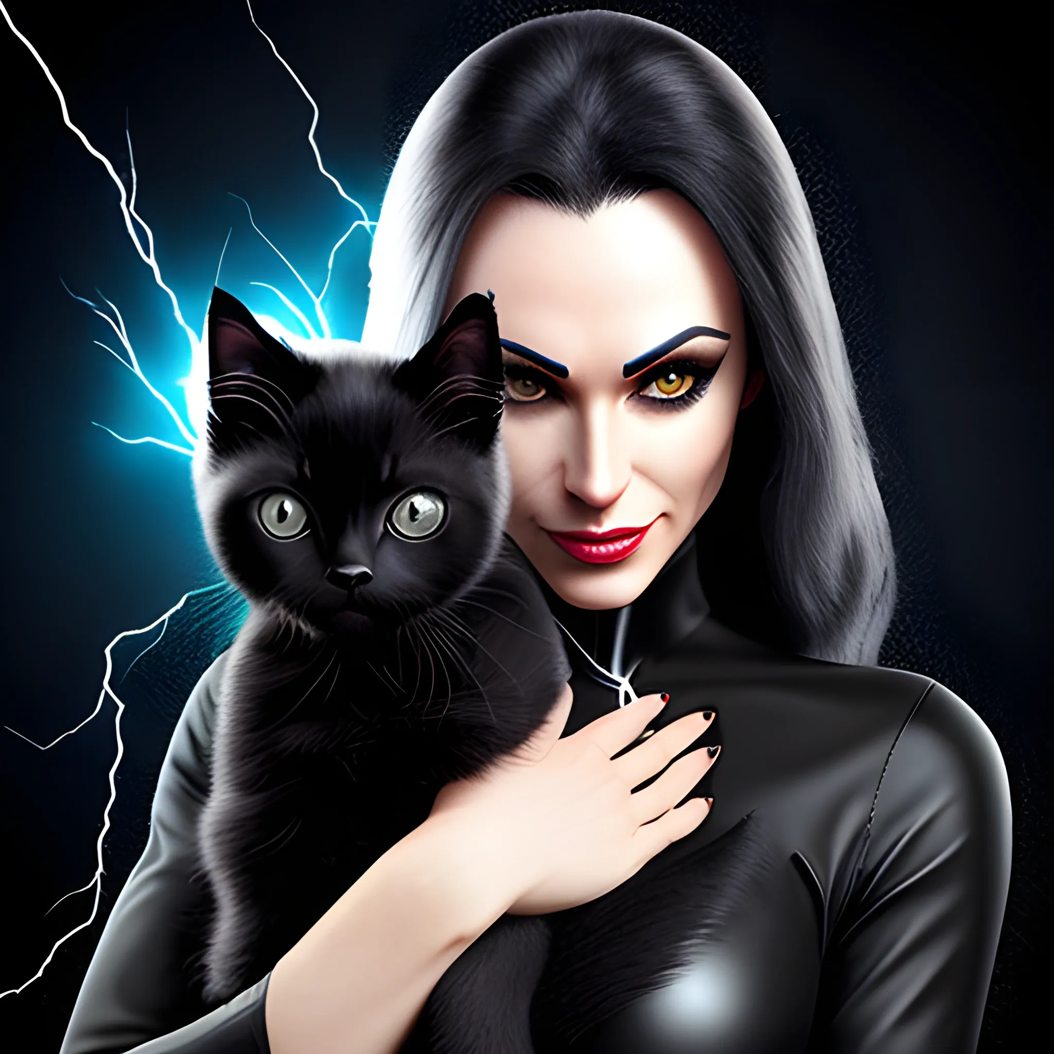 Little human girl, holding Black kitten with, silver strikes, of lightening blot on forehead, and lightening blots on rest of body, 3D